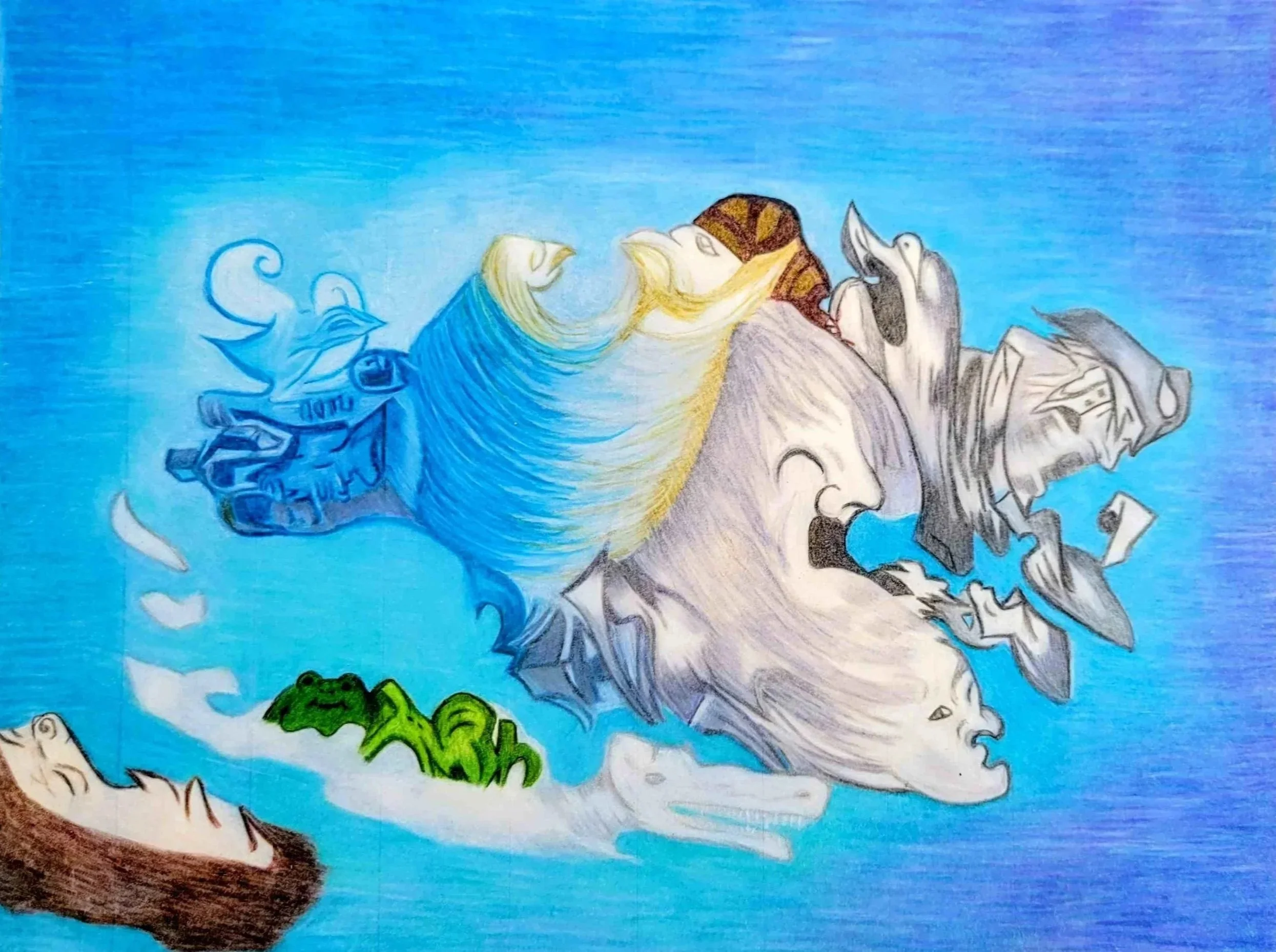 Drawing of a wave with a face, a dragon head, and various small creatures, such as a hedgehog, frogs, alligator and snail helmet on APOLLO on a blue background.