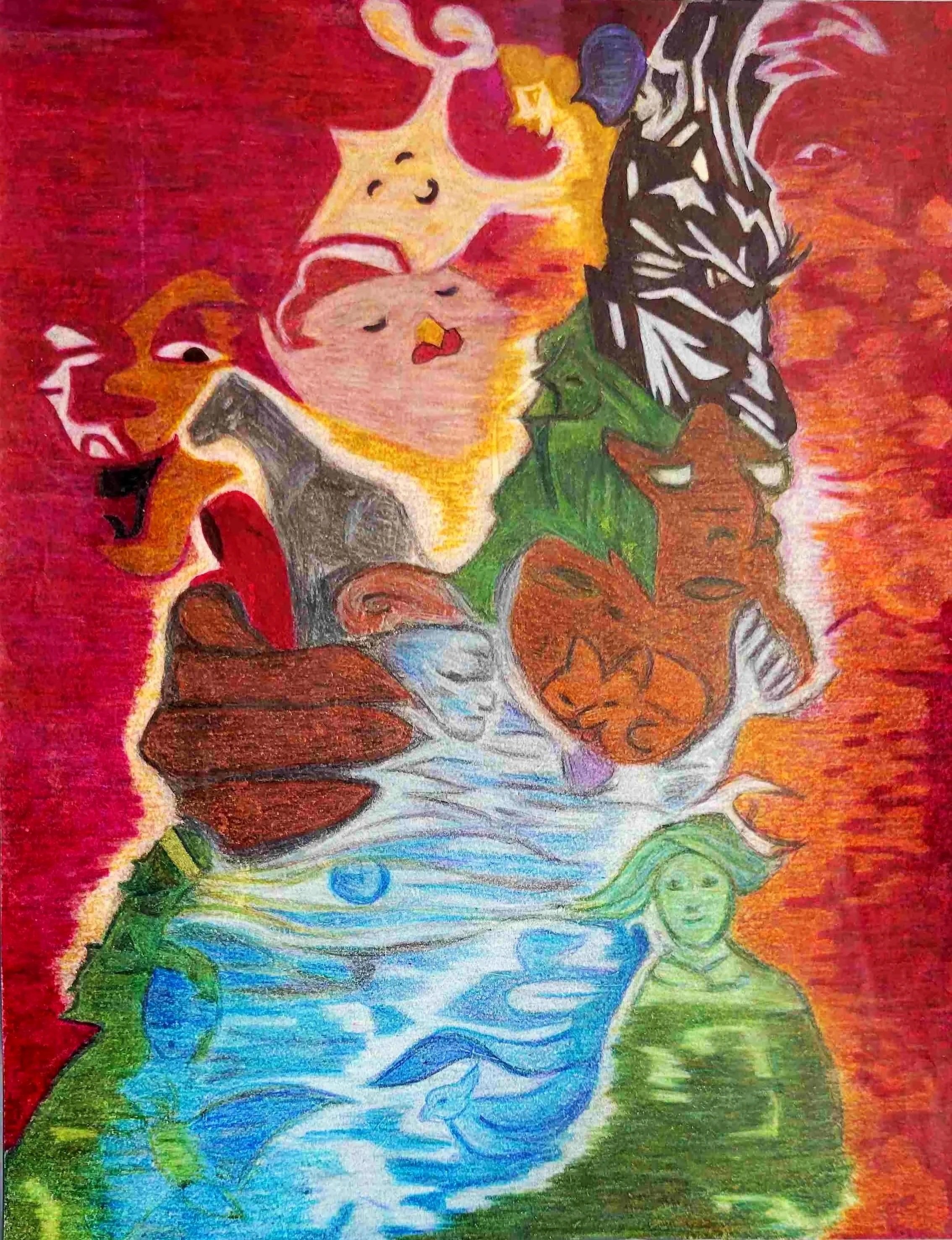 Colorful drawing of abstract shapes and characters with vibrant reds, blues, greens, oranges, and yellows.