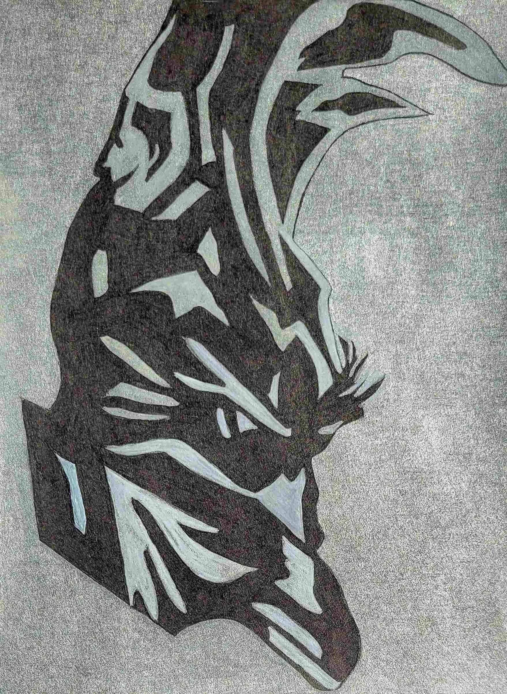 Line art illustration of a person's face and upper body, with the person's head turned to the side, wearing a jacket with a high collar.