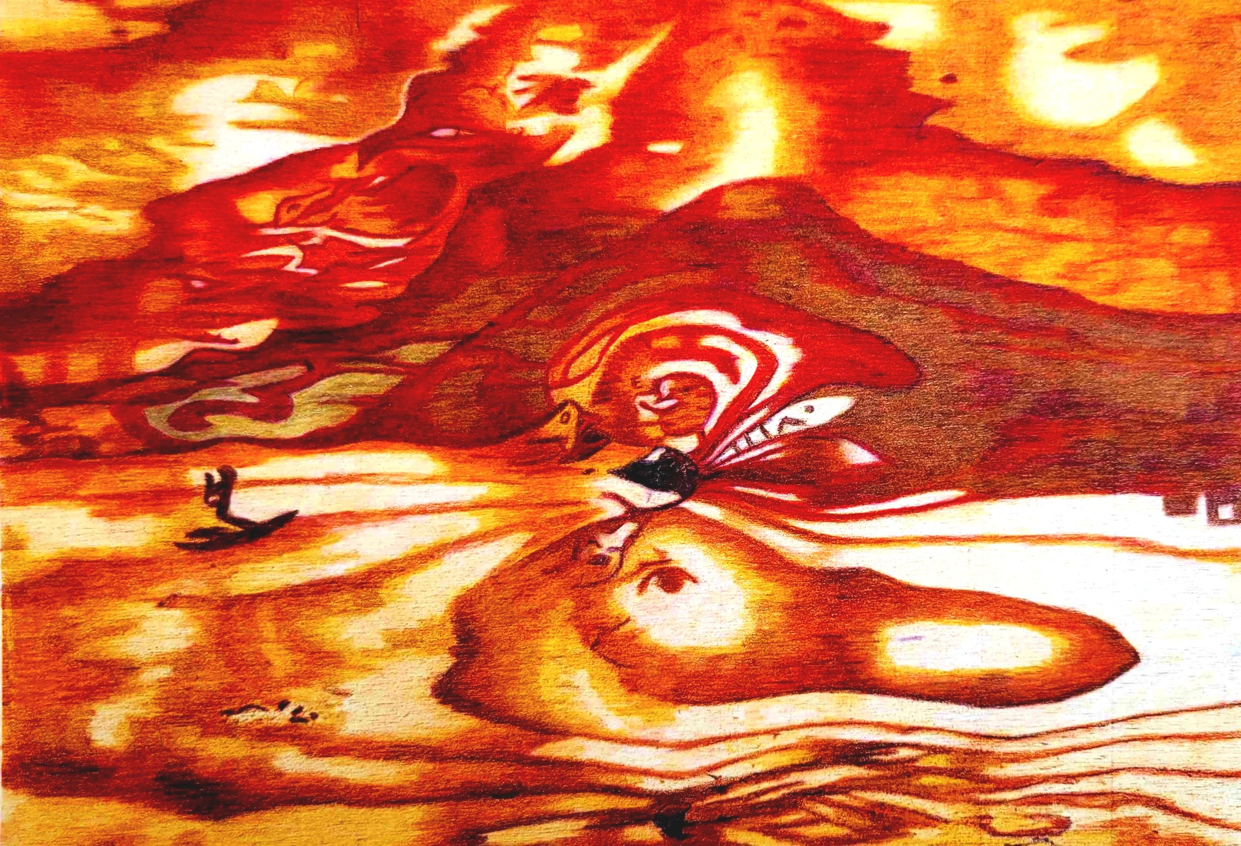 An oil pencil drawing of a volcanic eruption with a fiery sky, billowing smoke, and lava flowing down the mountain, rendered in warm reddish and orange hues with bird imagery throughout such as a vulture and platypus.