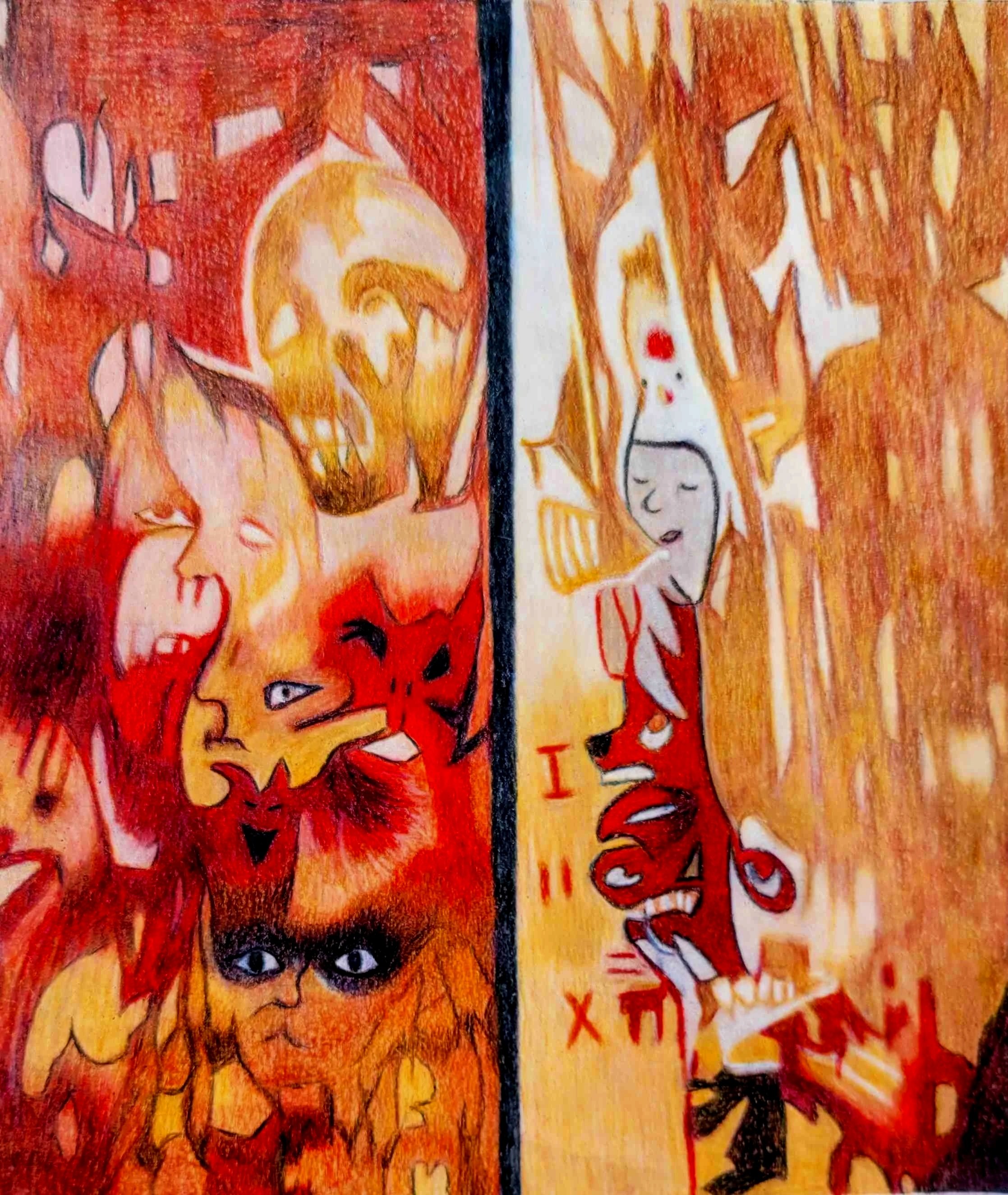 A drawing with orange, yellow, and red colors featuring a skull, a smiling face, a cat, a totem pole and various abstract shapes and patterns.