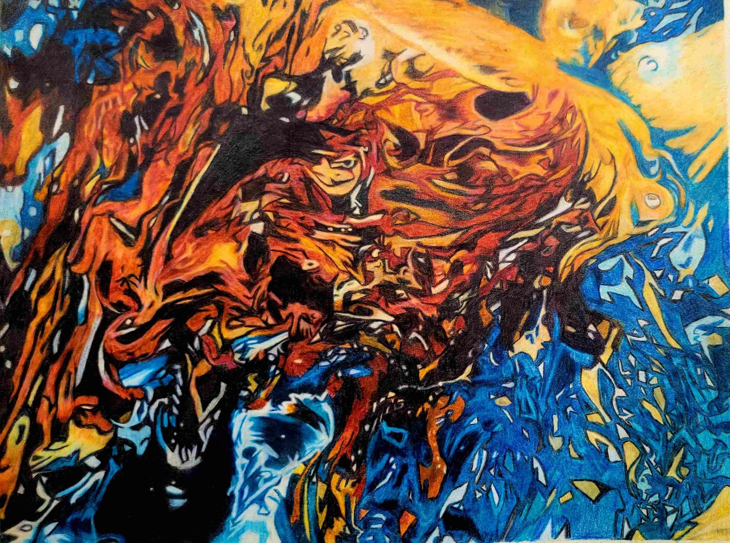 A vibrant, abstract painting featuring a roaring lion with a flowing mane in shades of orange and red, with a background of blue and yellow patterns.