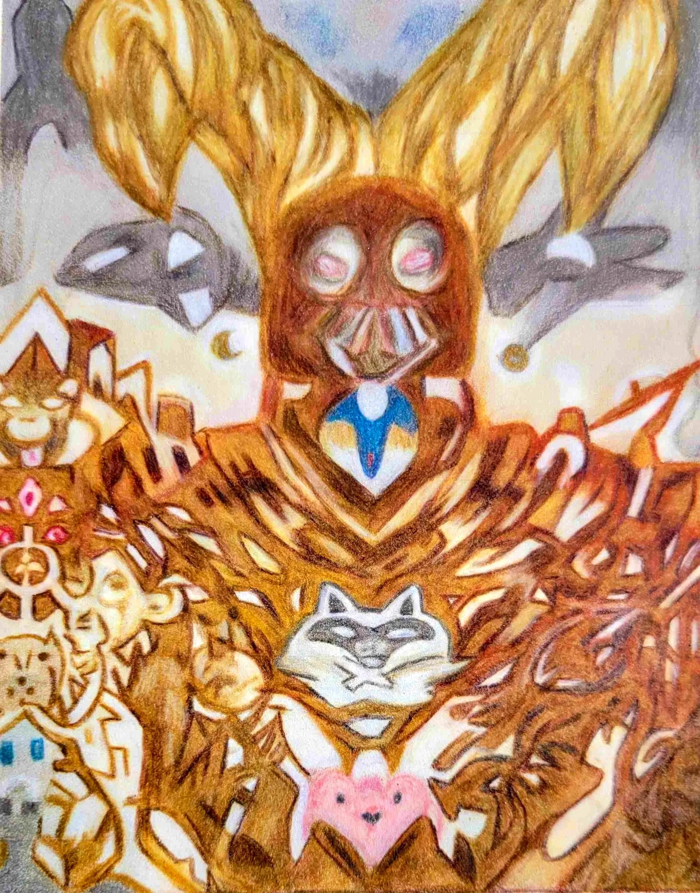 A colorful illustration of a Jester with a face that resembles a fox or dog, with a mane of orange fur, a blue necklace, and a large pink heart smiling at the chest of Anubis  The background features various symbols and shapes.