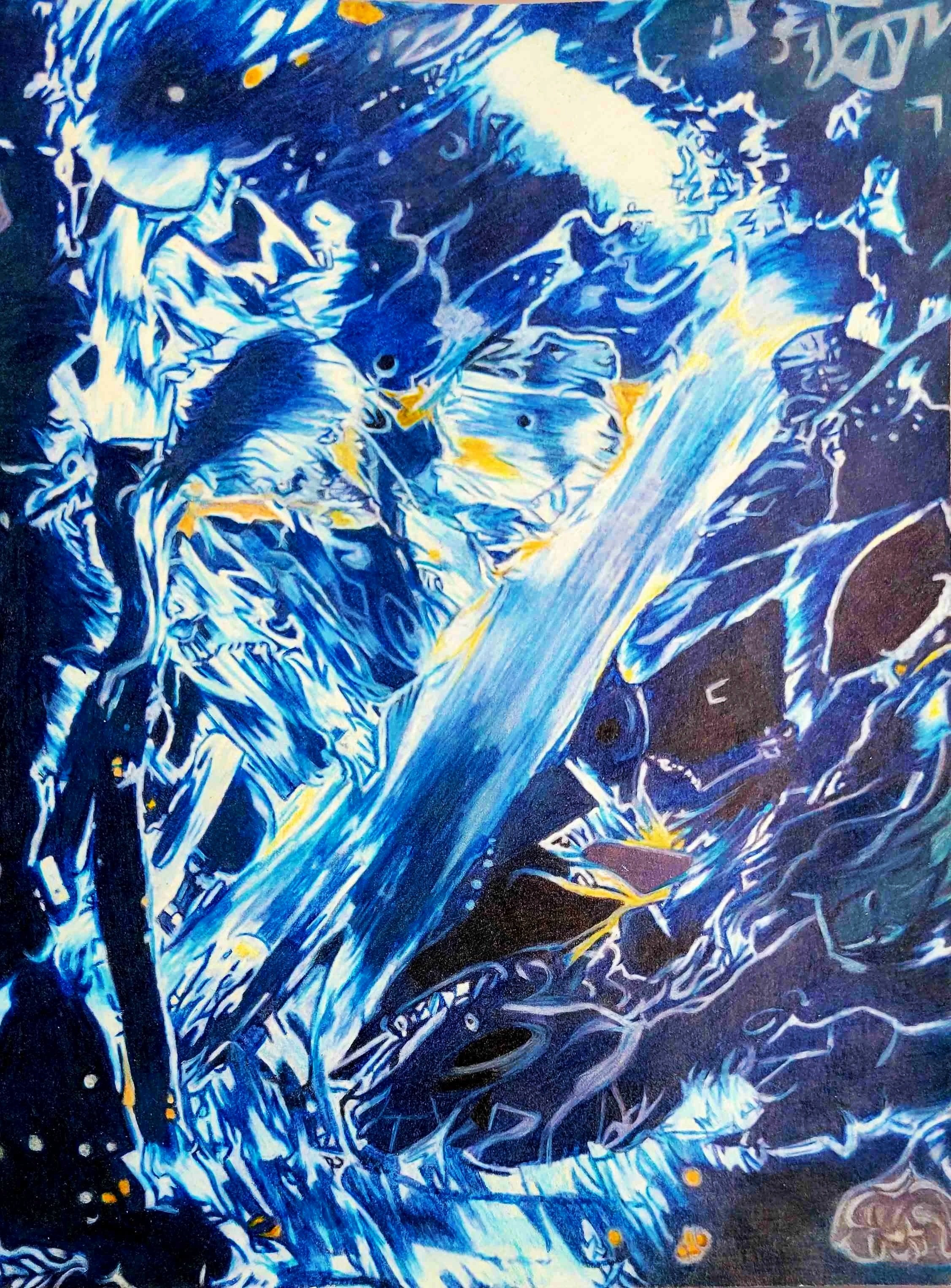 A vibrant, stylized painting resembling Van Gogh's style, depicting a zombie charging through a swirling, abstract landscape with dynamic blue and yellow colors.