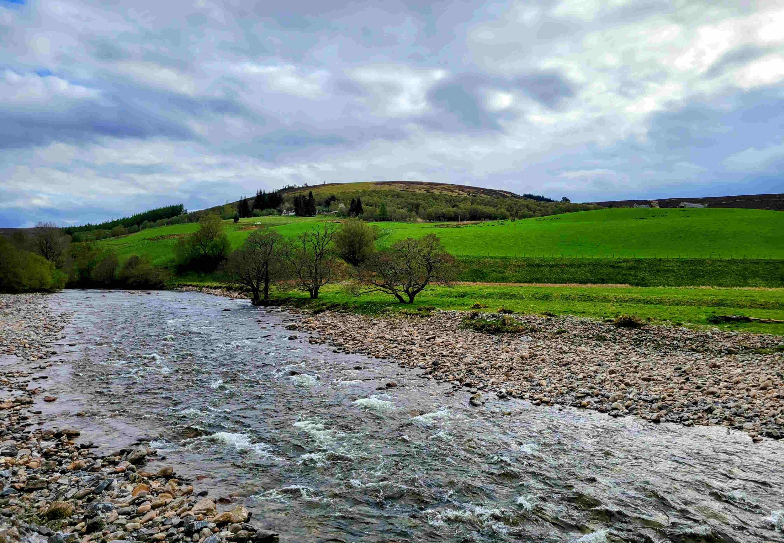 A river flowing through a lush green landscape with trees and rolling hills under a cloudy sky.
