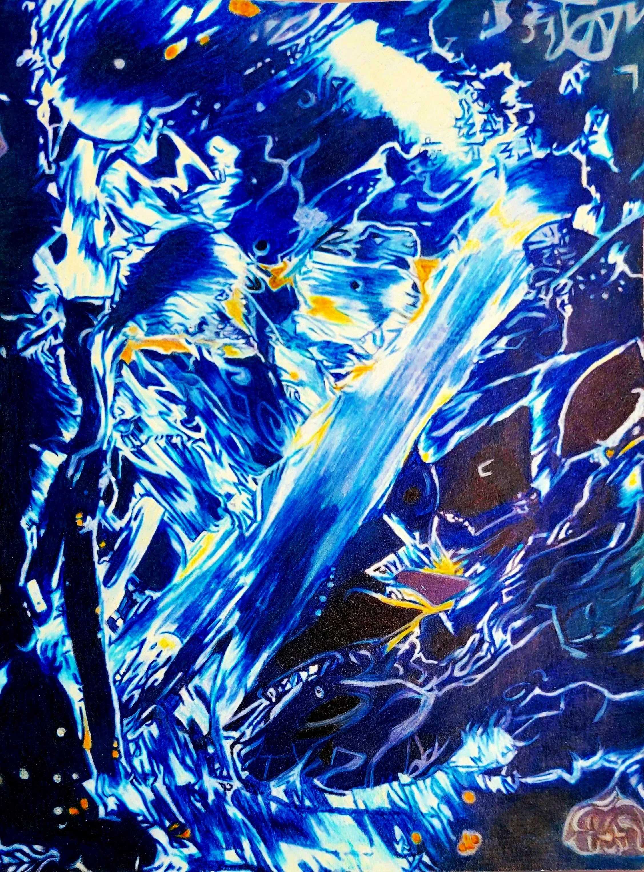 A Van Gough inspired abstract image with a swirling mixture of blue, black, yellow, and white colors, resembling a complex, dynamic scene with flowing lines and shapes. Red- green Colorblind. Protanopia Collection and Deuteranopia Collection