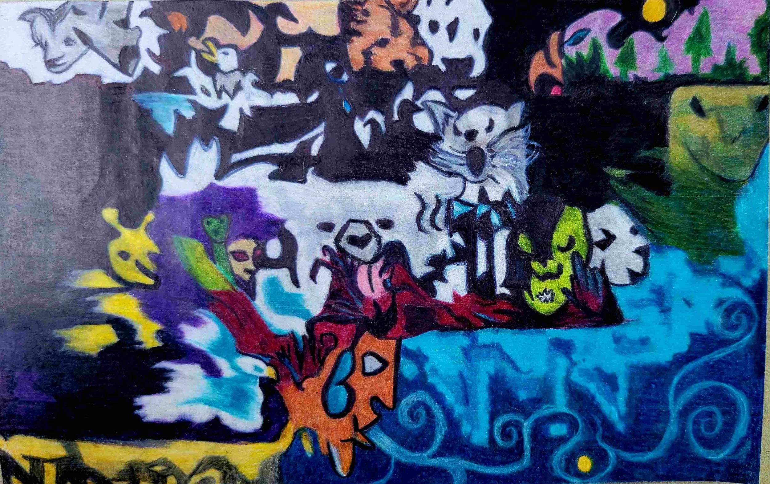 Colorful abstract drawing featuring cartoon animals, including a polar bear cat, snake, and other creatures, with vibrant patterns and colors.