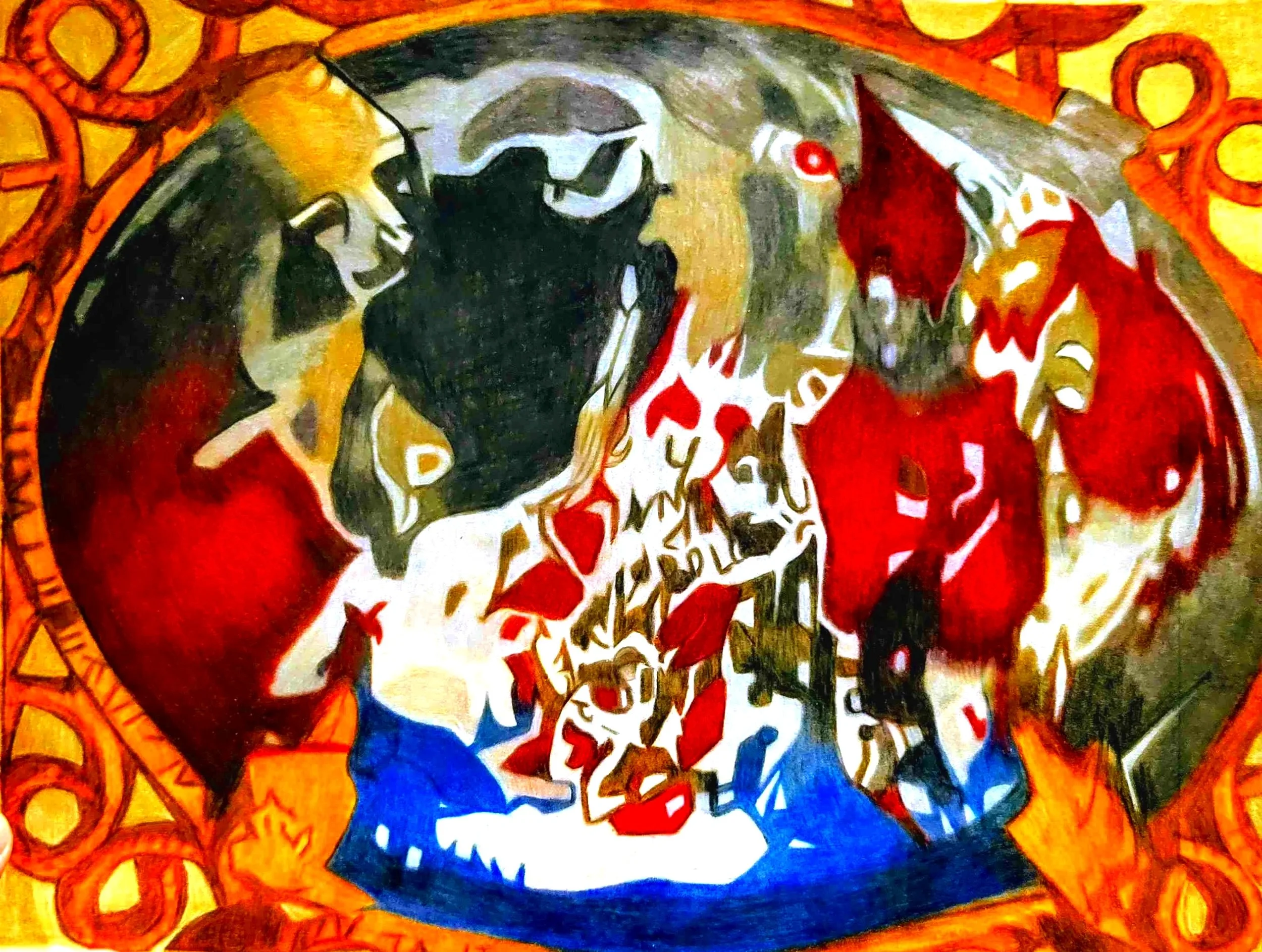 A colorful, abstract oil pencil featuring human faces with expressive features and bold brushstrokes. The composition includes reds, yellows, blacks, whites, and blues, with intricate patterns and details surrounding the figures.