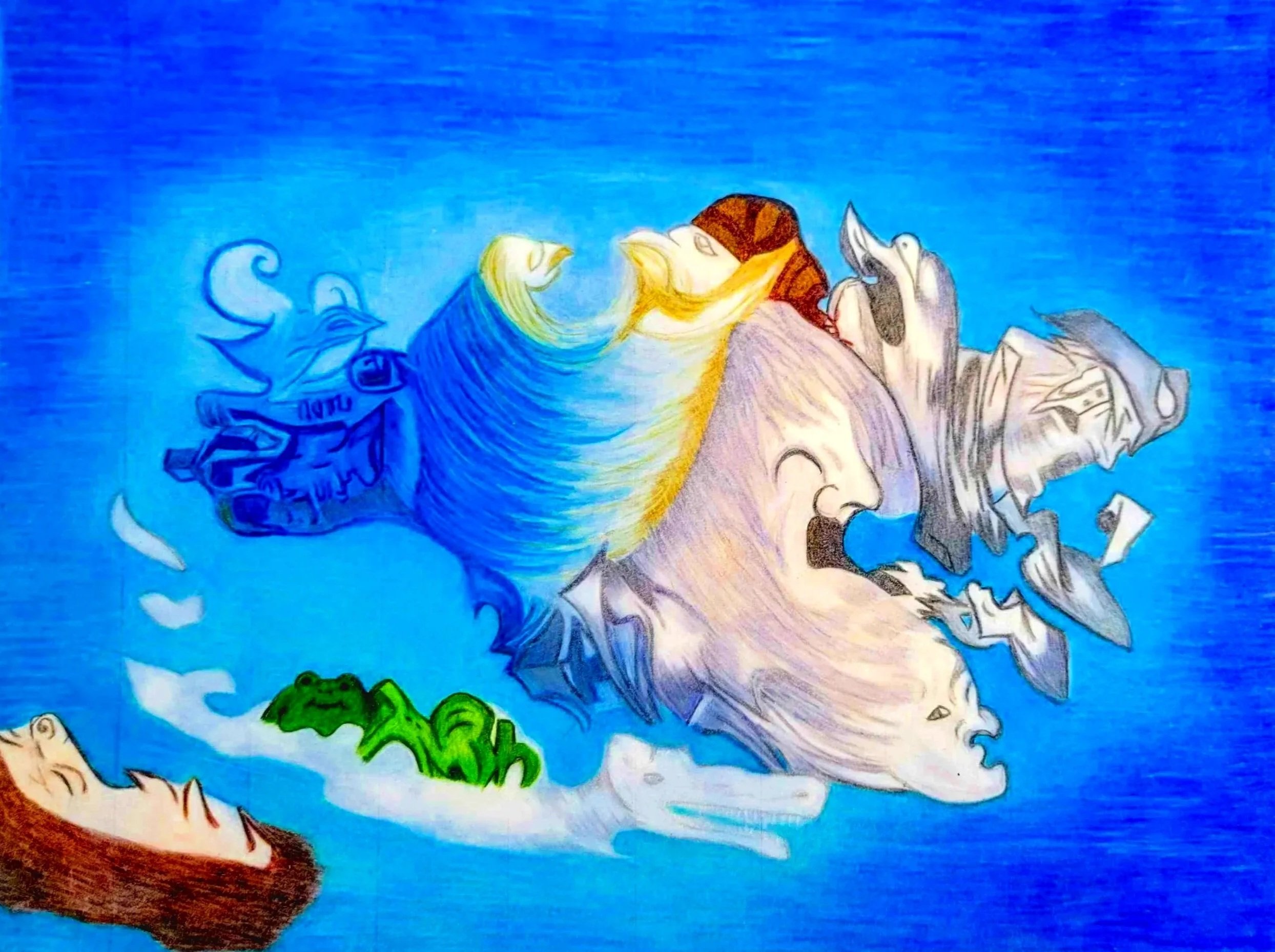 Colorful oil pencil drawing of a Snail helmeted Apollo, a frog, a hedgehog and aa host of other characters on a bright blue background .Red- green Colorblind. Protanopia Collection and Deuteranopia Collection