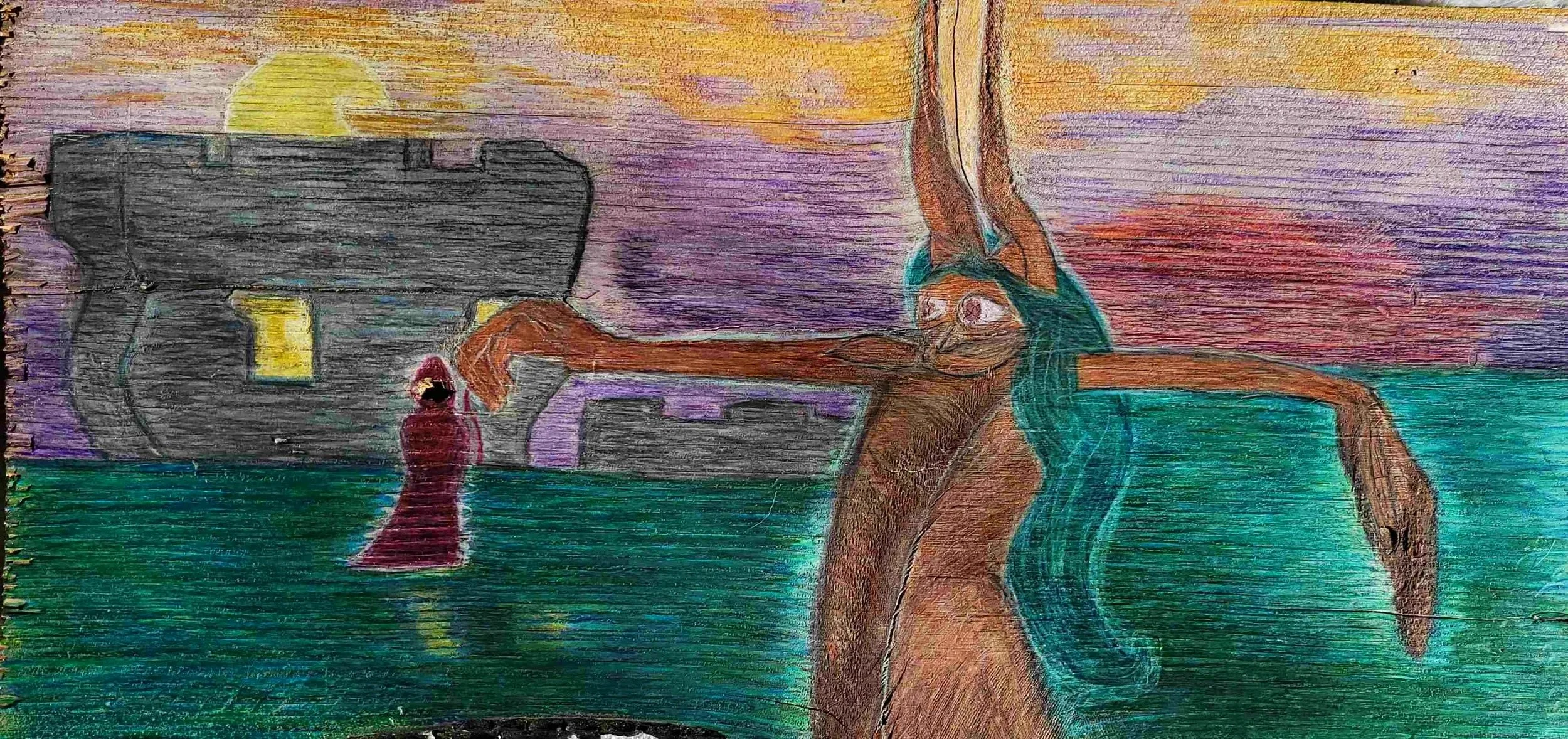 Colorful drawing of a the Celtic horned god Cernuous , beckoning a magenta cloaked figure with an outstretched arm during sunset into the wilderness. Into the Wilderness. Into the Wild.