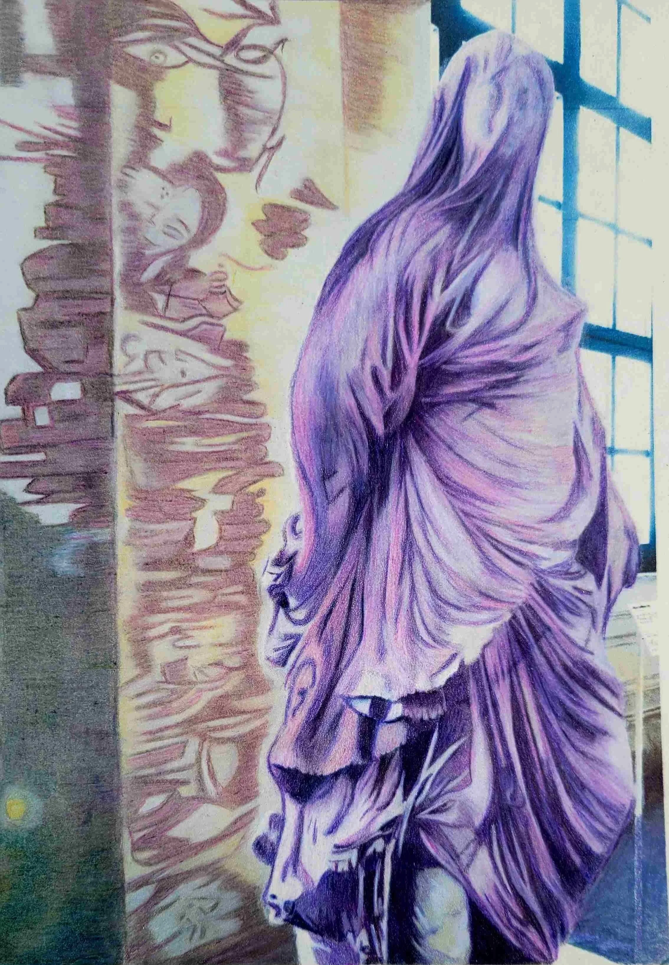 A colorful drawing of a woman with her eyes closed cloaked in a purple garment.  Two other horizontal landscapes are to the left of the lady in purple.