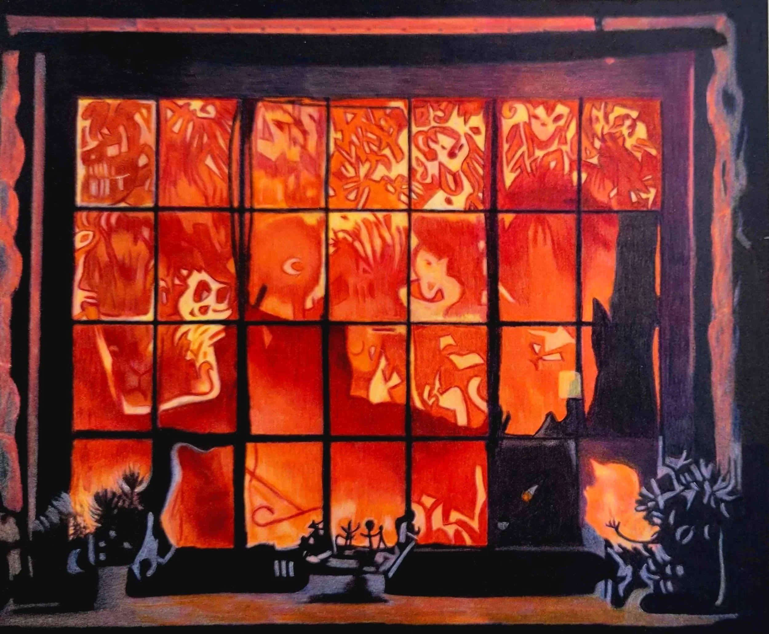 A view of looking at the devastation of a forest fire out a picture window featuring characters in each window pane. Color theme of black, orange, yellows and reds.