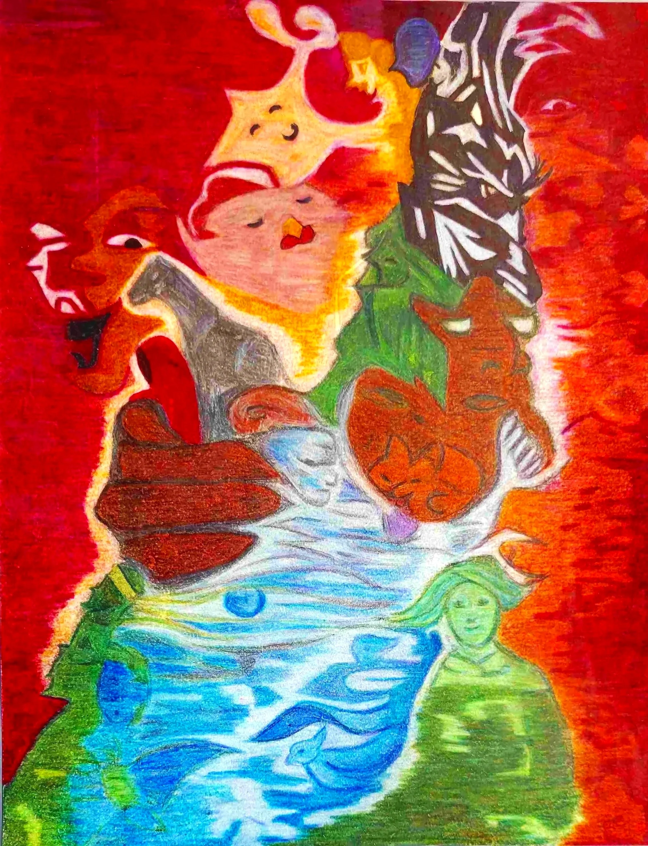 Colorful drawing of a dolphin jumping out of water with trees and the sun in the background.