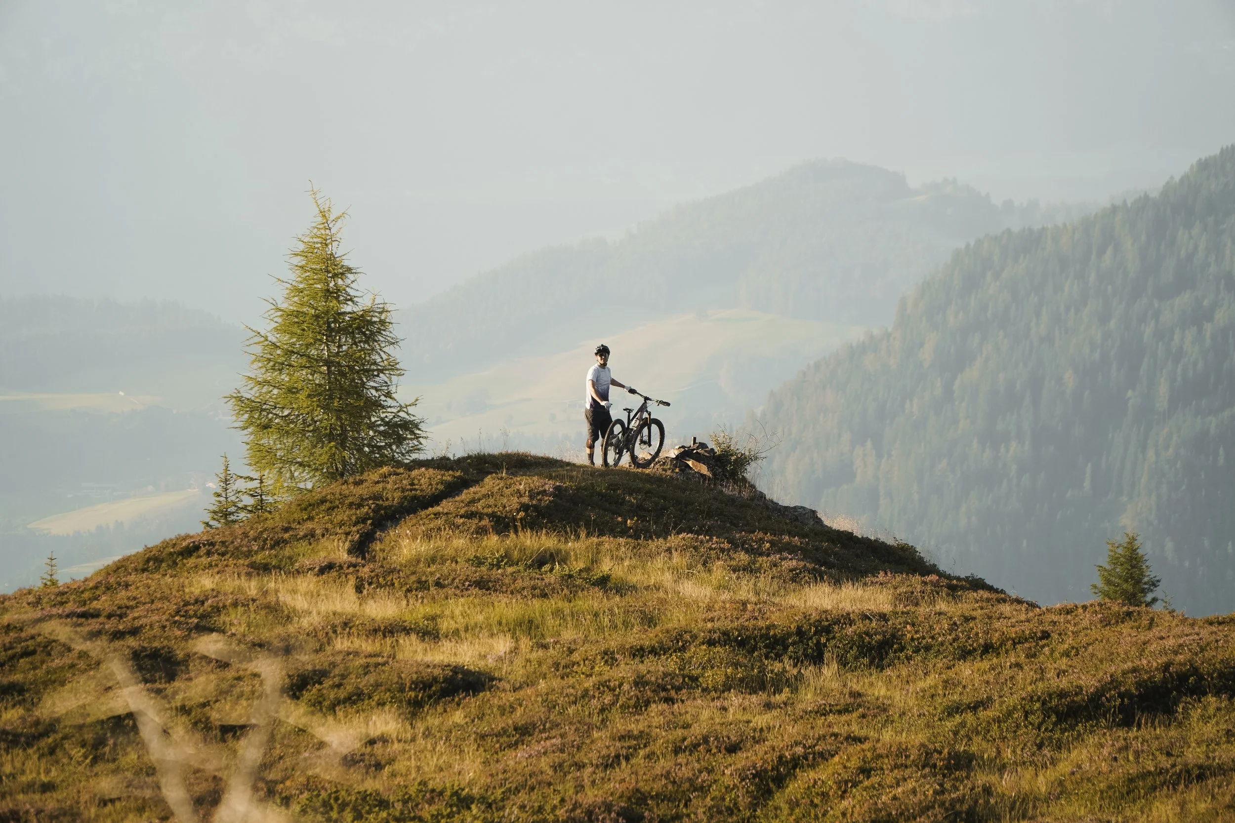 Ein Mountainbiker steht auf einem Hügel mit seinem Fahrrad, umgeben von einer idyllischen Berglandschaft mit Bäumen und weichen Hügeln im Hintergrund.