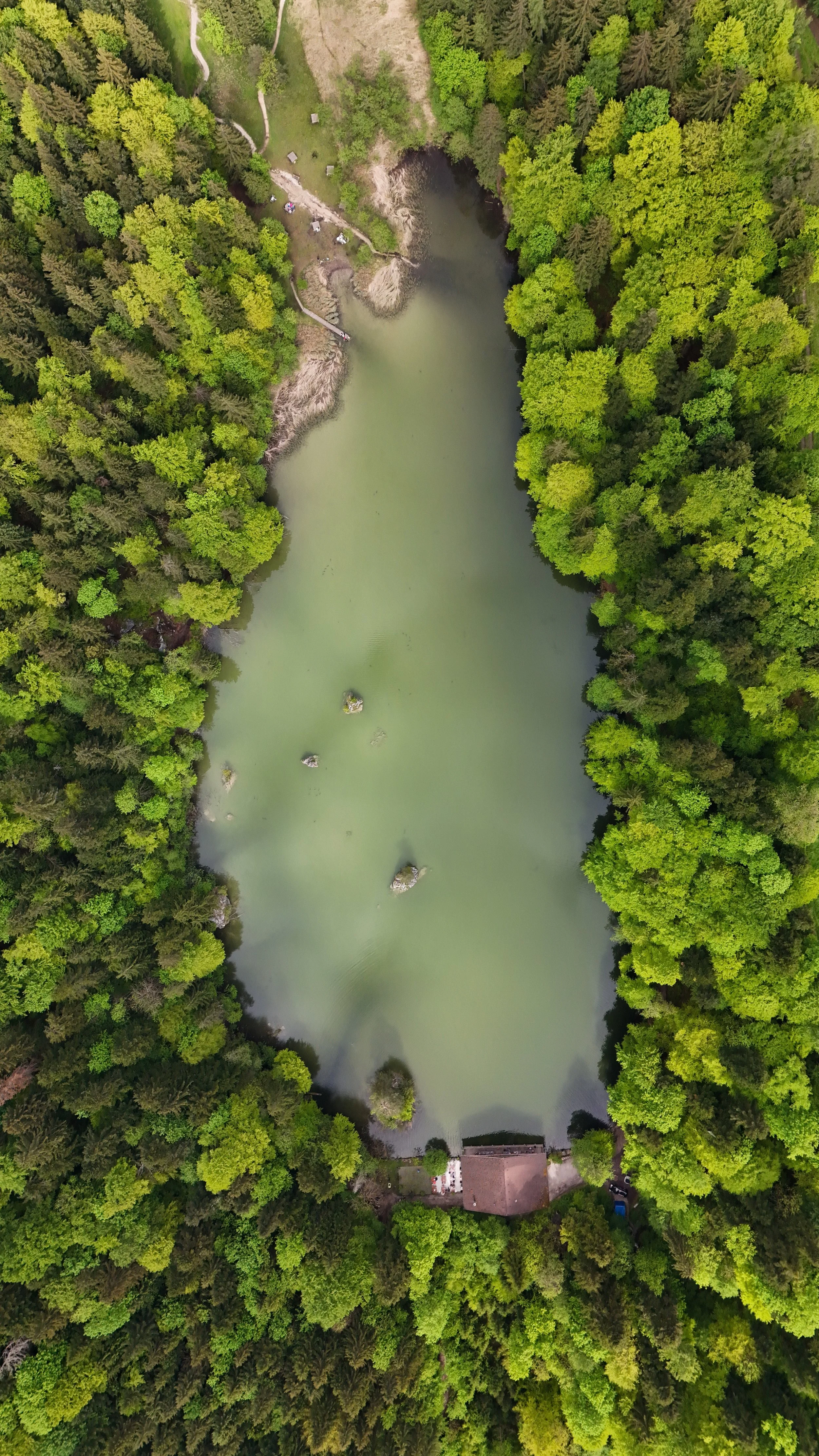 Vogelperspektive auf einen See umgeben von dichtem grünen Wald, mit einem kleinen Gebäude am unteren Rand und einem Pfad am oberen Rand.
