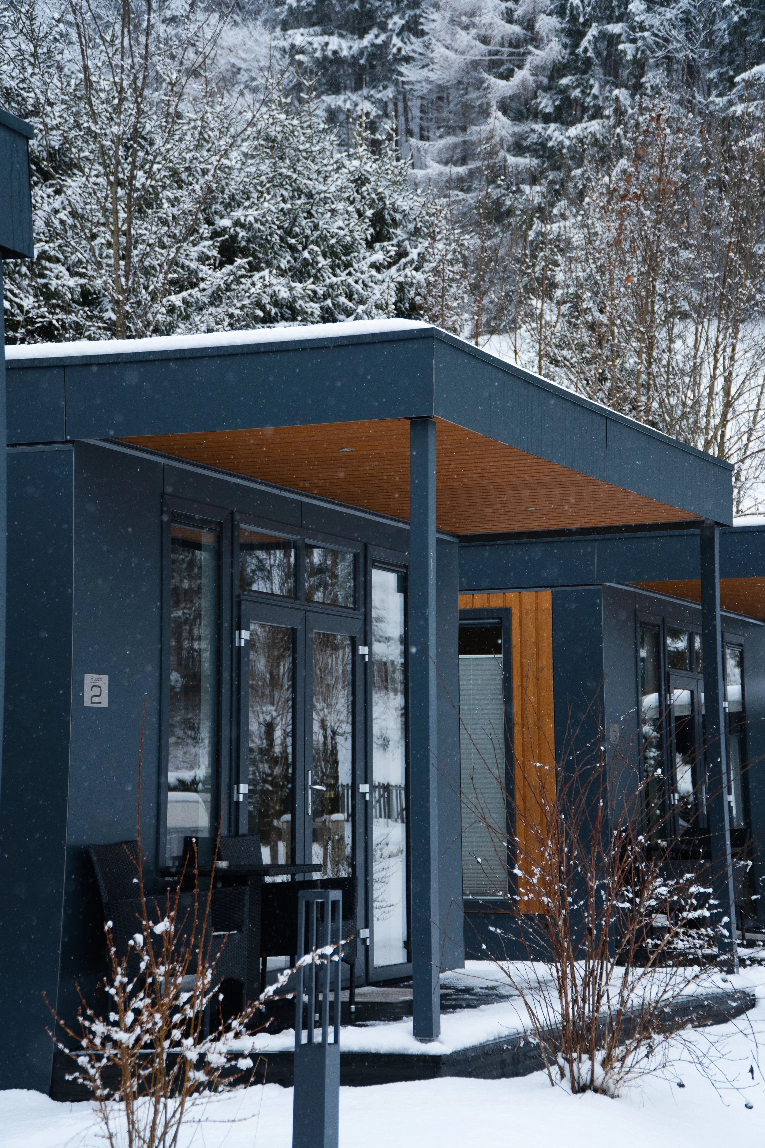 Moderne Wohnung im Winter mit Schnee bedecktem Vordergrund und Bäumen im Hintergrund.