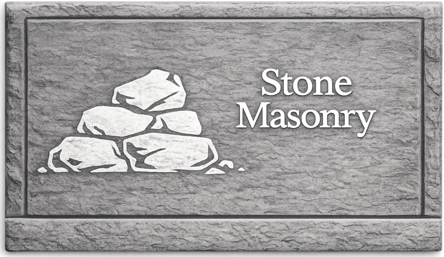 Sign with a stone icon and the words 'Stone Masonry' on a grey stone background.
