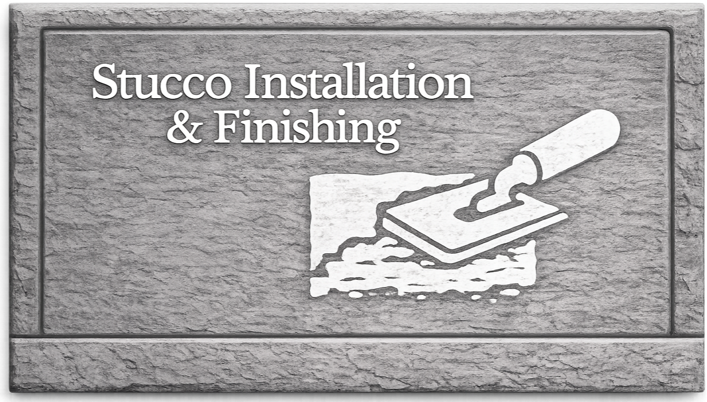 Sign for stucco installation and finishing with an illustration of a trowel applying stucco to a wall.