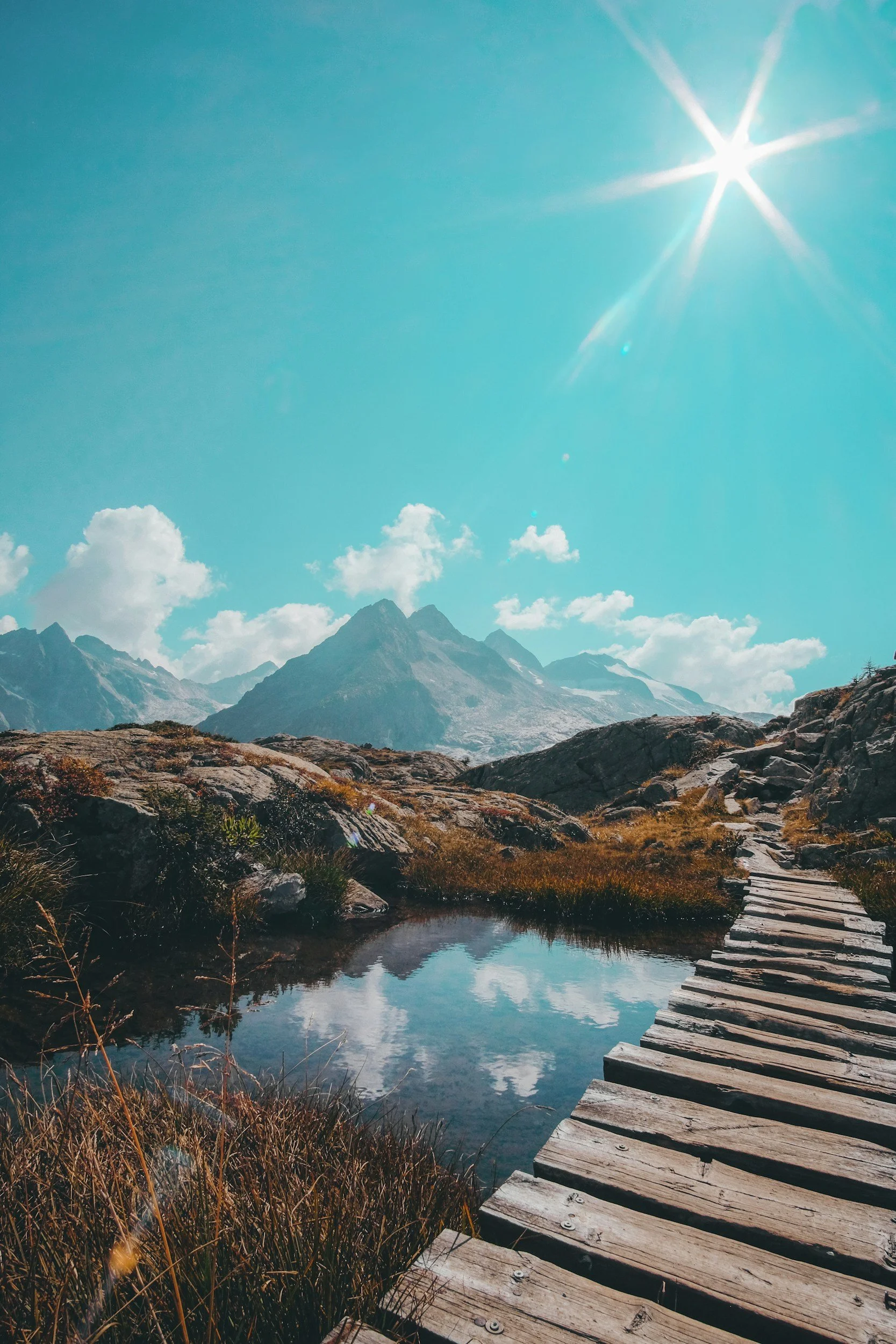 Wooden pathway through grassy landscape with small pond, mountains in the background, and a bright sun in a clear sky. Embarking in counseling can feel like a major risk, often taking a courageous step or leap automatically creates monumental change