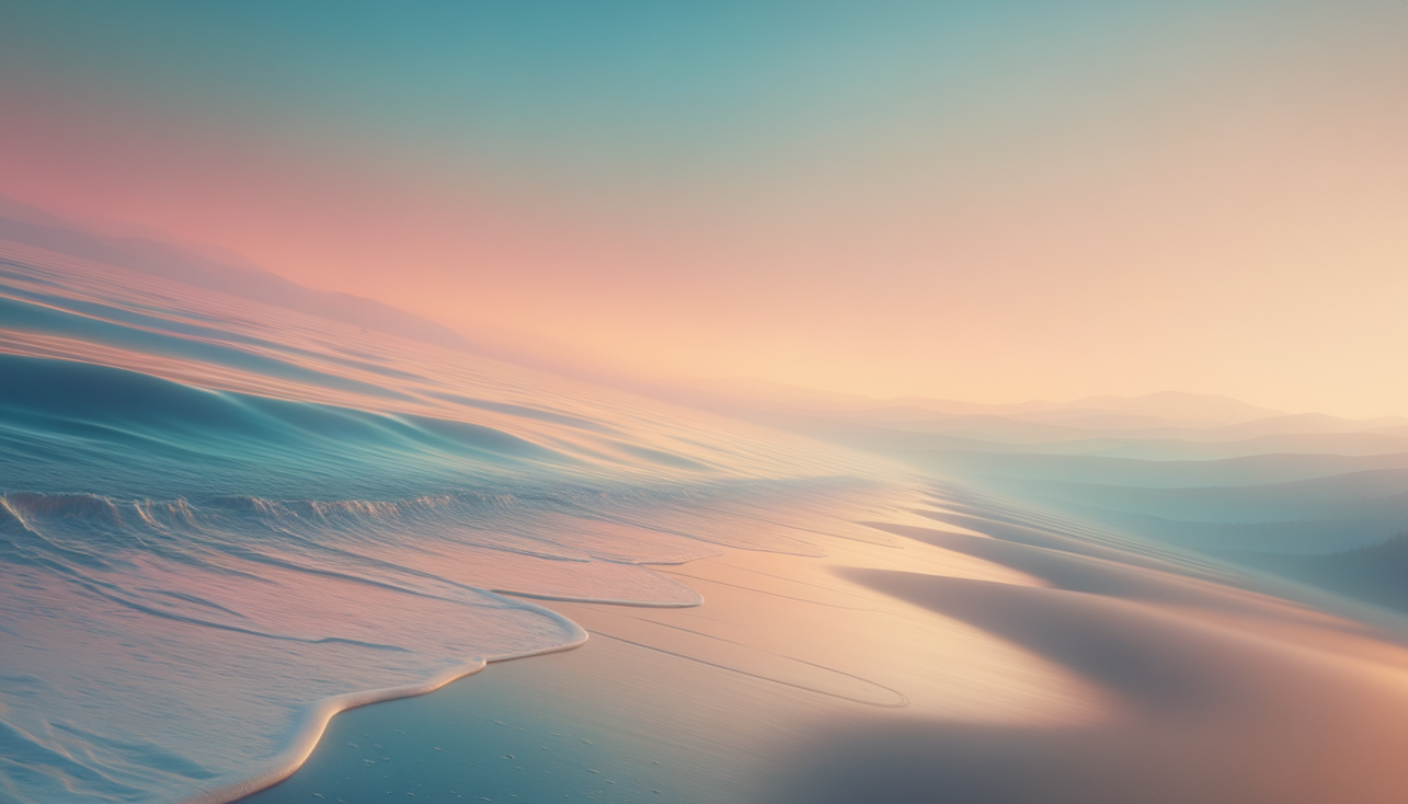 Sanfte Wellen am Strand bei Sonnenuntergang, mit pastelfarbenem Himmel.