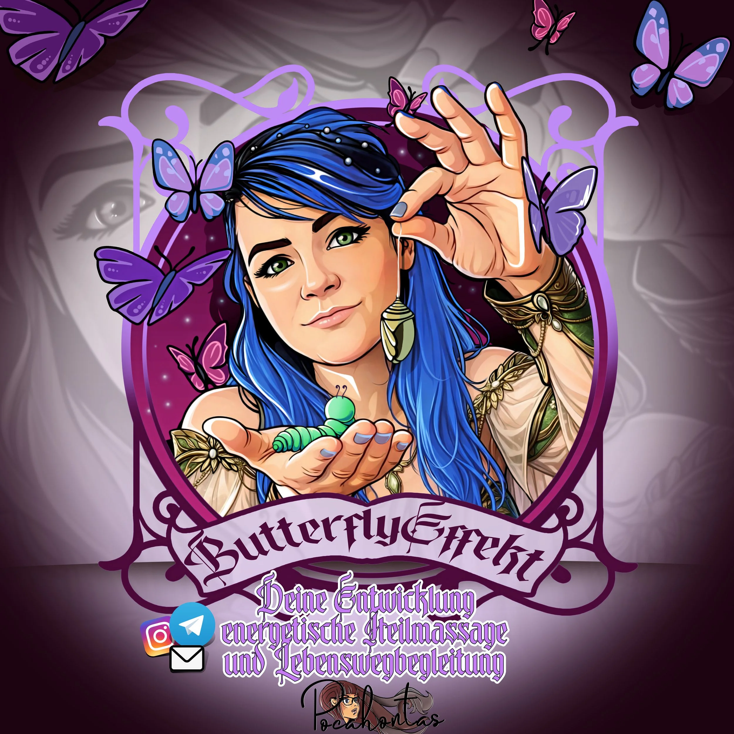 Digitales Kunstwerk einer jungen Frau mit blauer Haarfarbe, grünen Augen und mehreren religiösen Schmuckstücken, umgeben von lilafarbenen Schmetterlingen. Text und Symbole im gothischen Stil mit deutschen Worten über energetische Heilmassagen und Lebensbegleitung.