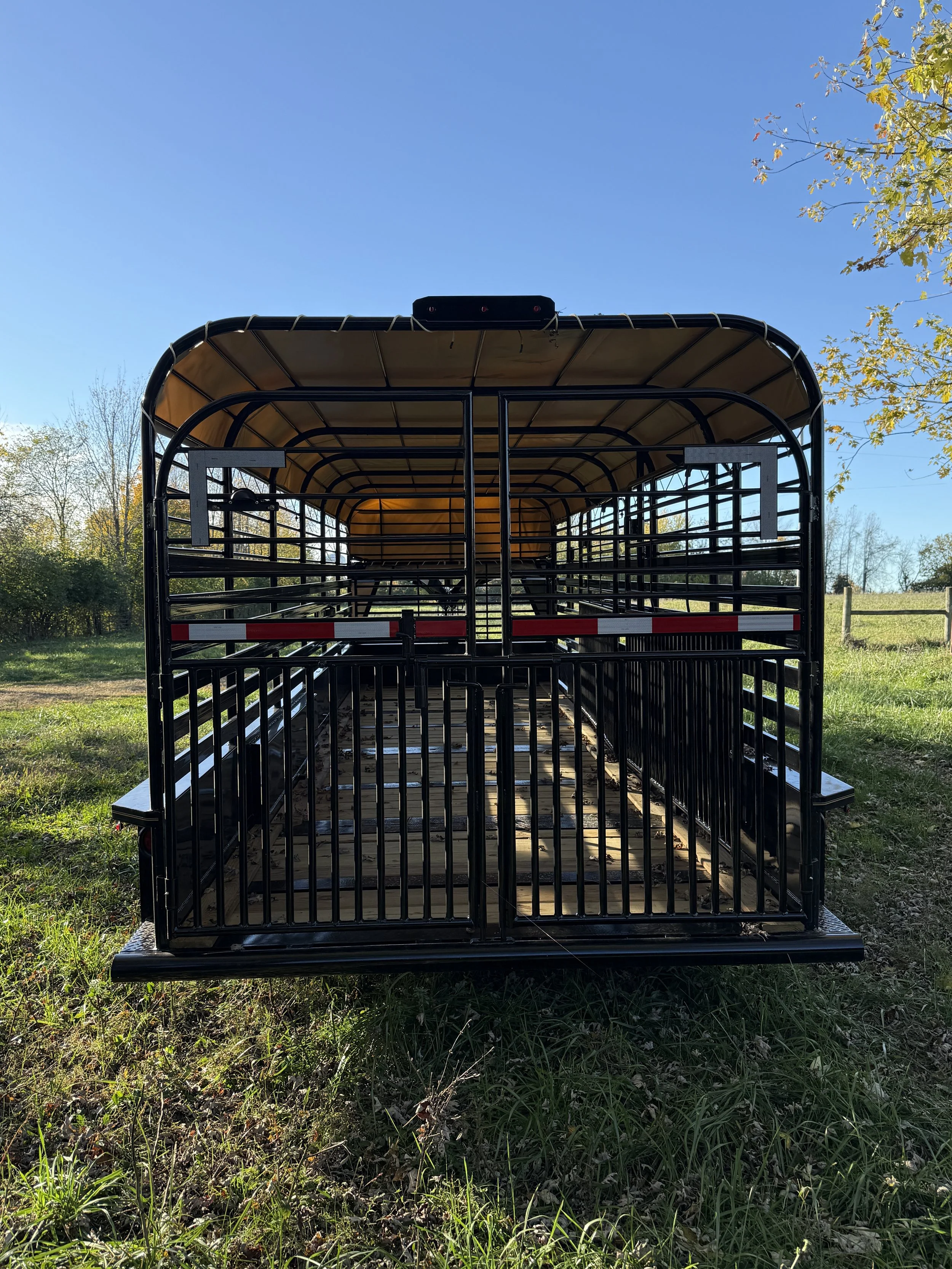 Empty horse trailer with black metal rails and a wood floor parked on grass with trees and blue sky in the background.
