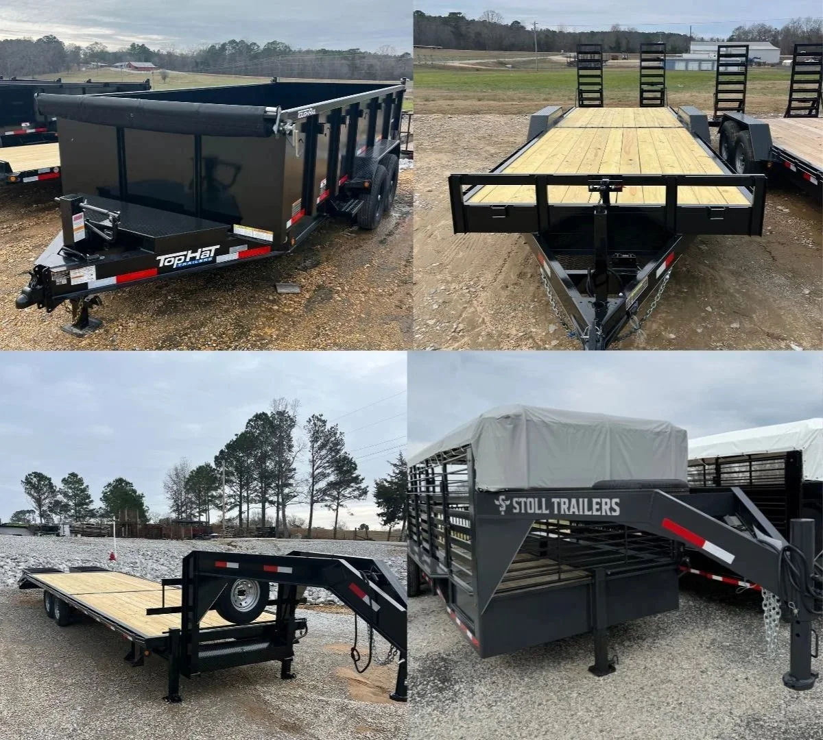 A collage of four images showing different types of flatbed trailers, including a black open utility trailer, a flatbed car trailer with a wooden deck, another flatbed trailer with a tarp cover, and a small utility trailer with a raised front rack, all outdoors on gravel and dirt lots.