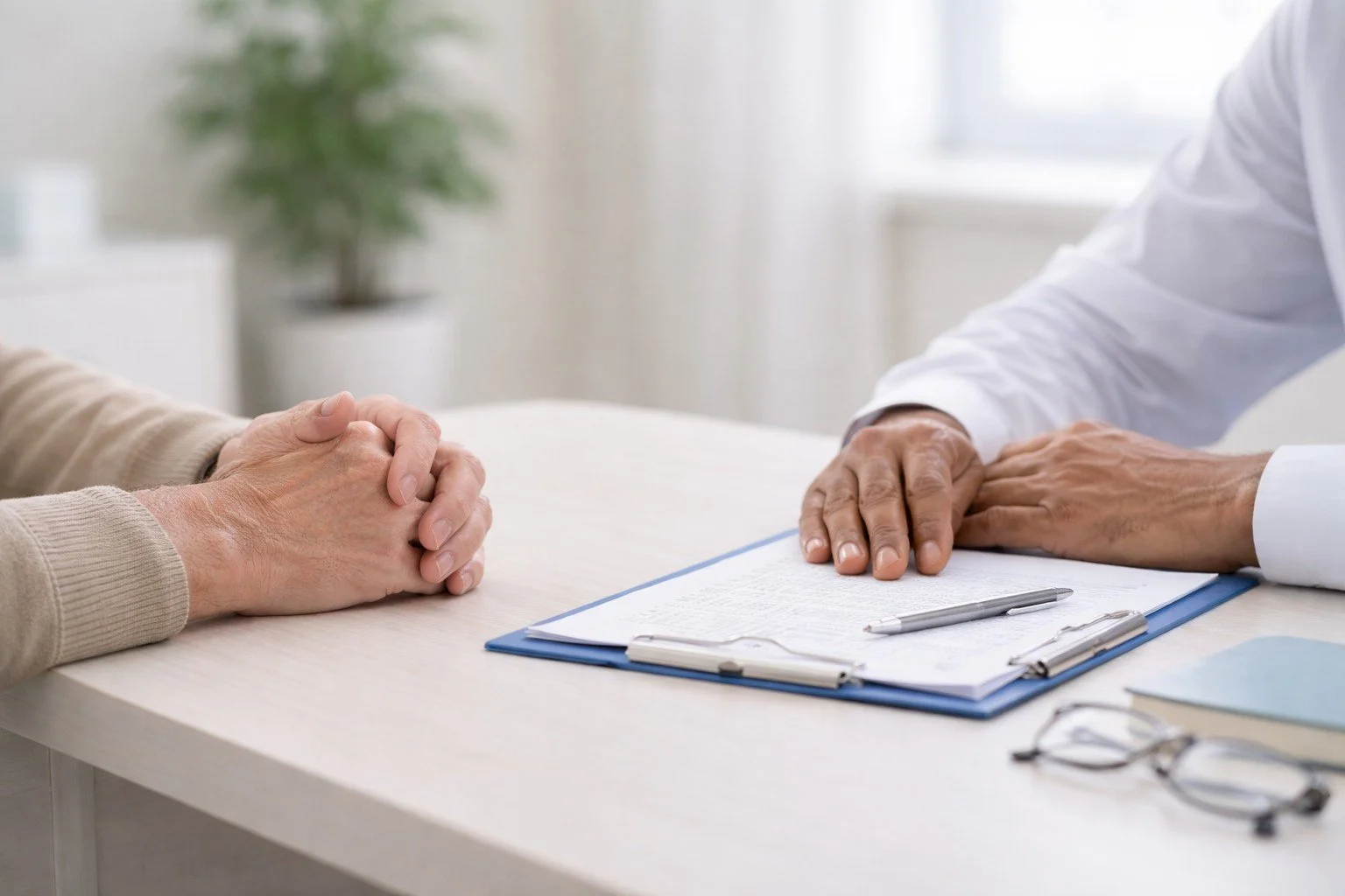 A person with clasped hands sitting across from a doctor with hands on a table, with a clipboard, pen, and eyeglasses on the desk, in a clinical setting.