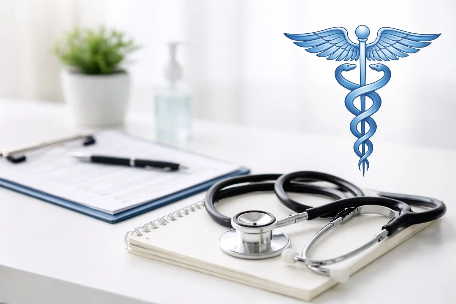 Medical desk with stethoscope, notepad, pen, clipboard, and a potted plant, with a medical caduceus symbol in the background.