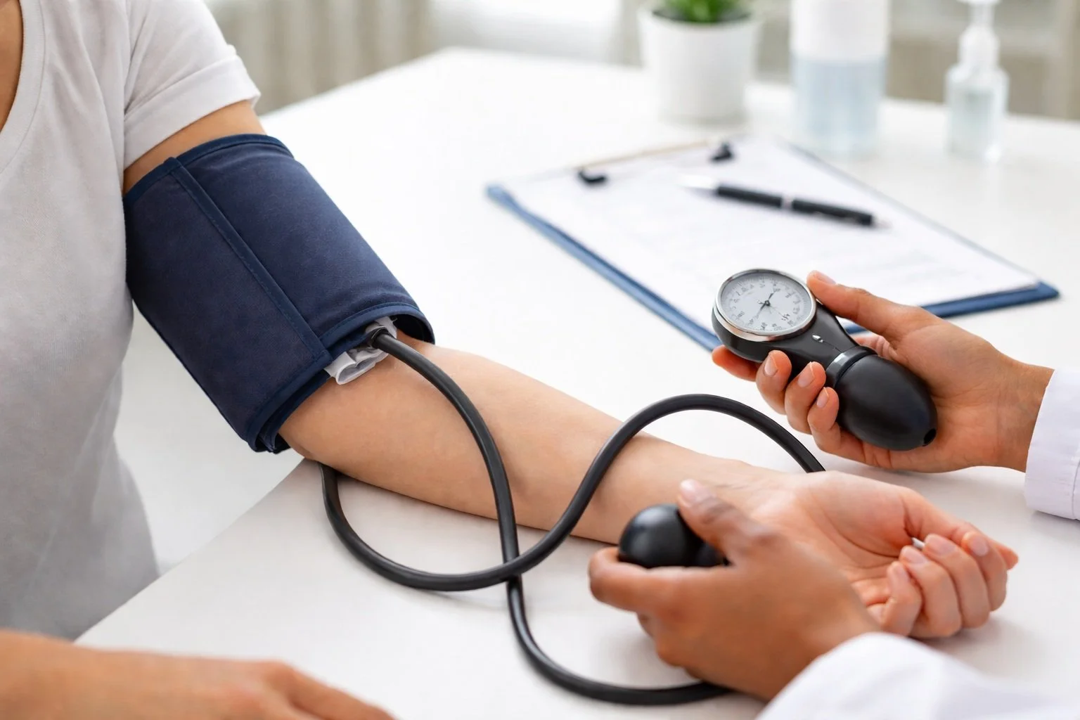 A medical professional checks a patient's blood pressure using a sphygmomanometer and a stethoscope.