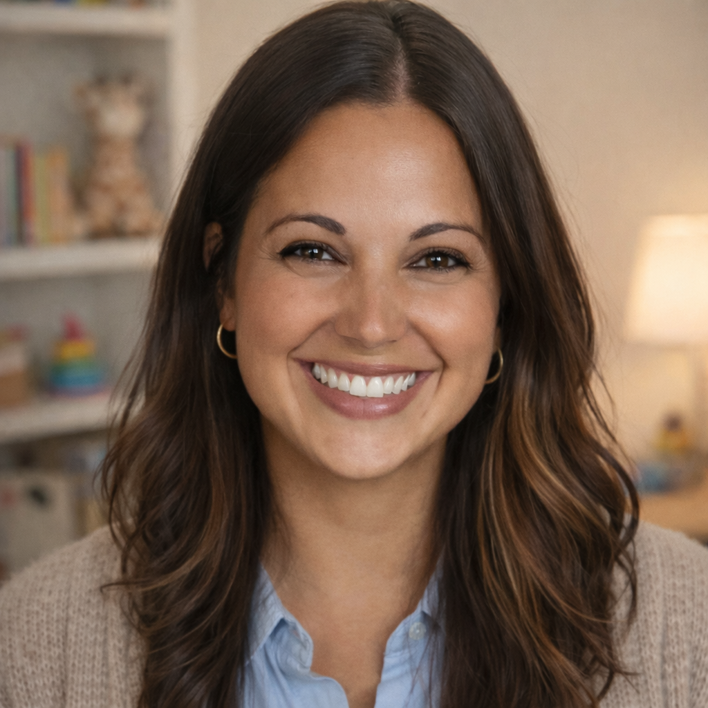 A woman with brown hair, wearing a blue shirt and beige cardigan, smiling in a cozy, well-lit room.