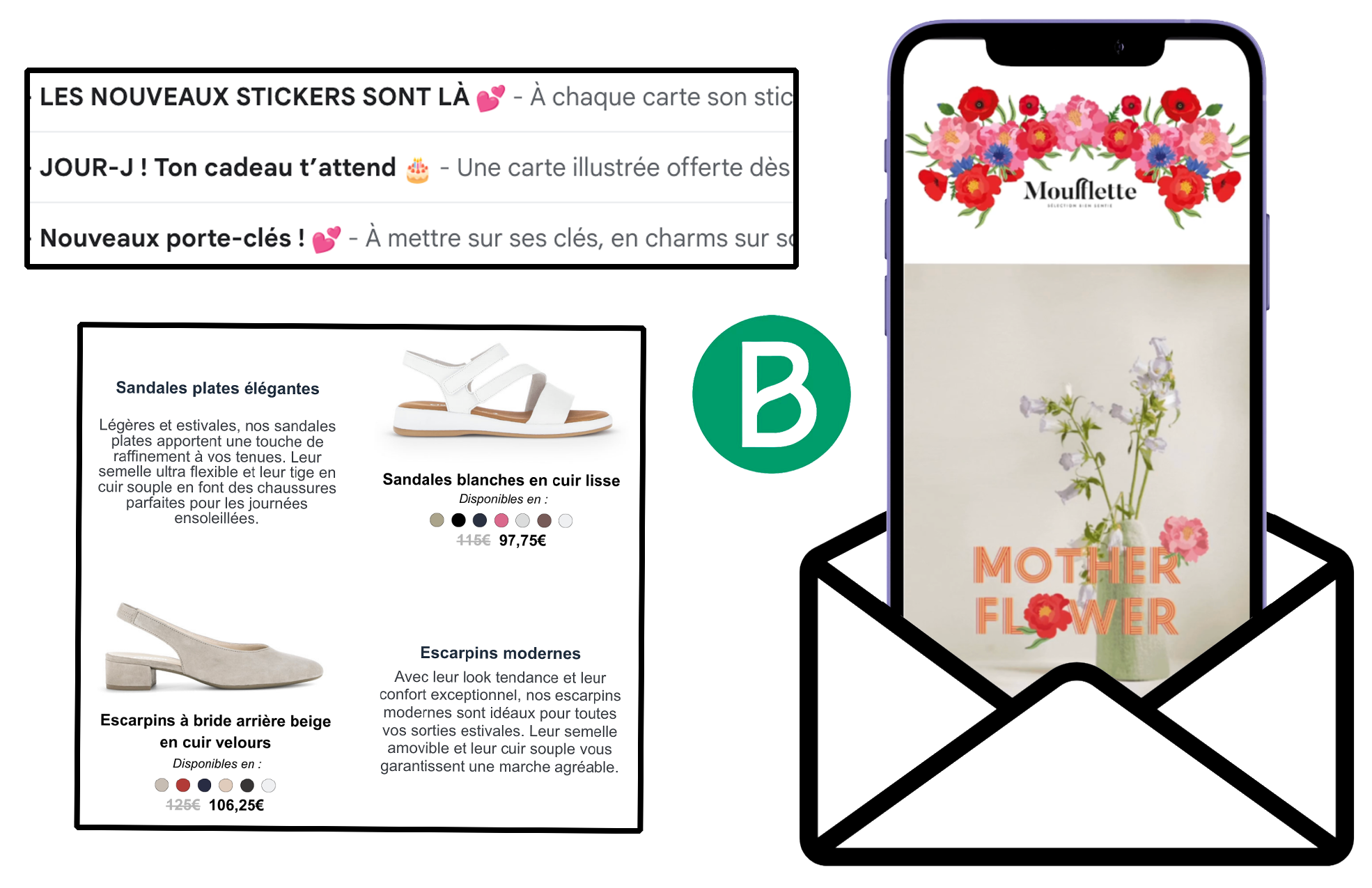 Une publicité pour une boutique en ligne de chaussures et accessoires, montrant des sandales plates blanches en cuir, des escarpins beige en cuir velours, et une affiche de fleurs dans une bouteille avec le texte "Mother Flower".
