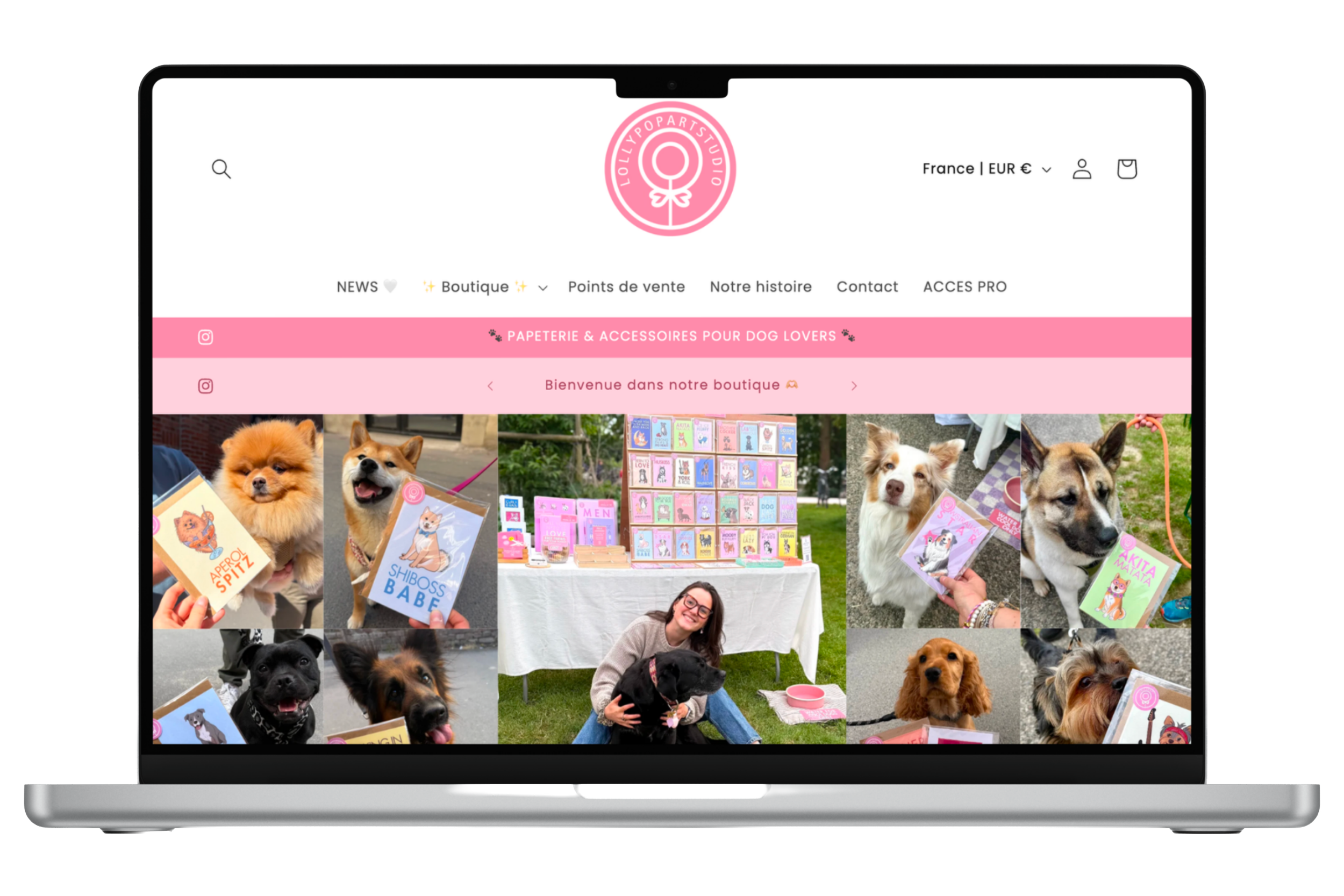 Page d'accueil d'une boutique en ligne de papeterie et accessoires pour chiens, présentant des photos de chiens avec des livres illustrés pour chiens, un stand de vente avec des produits, une femme avec un chien, et une mise en page en rose et blanc.