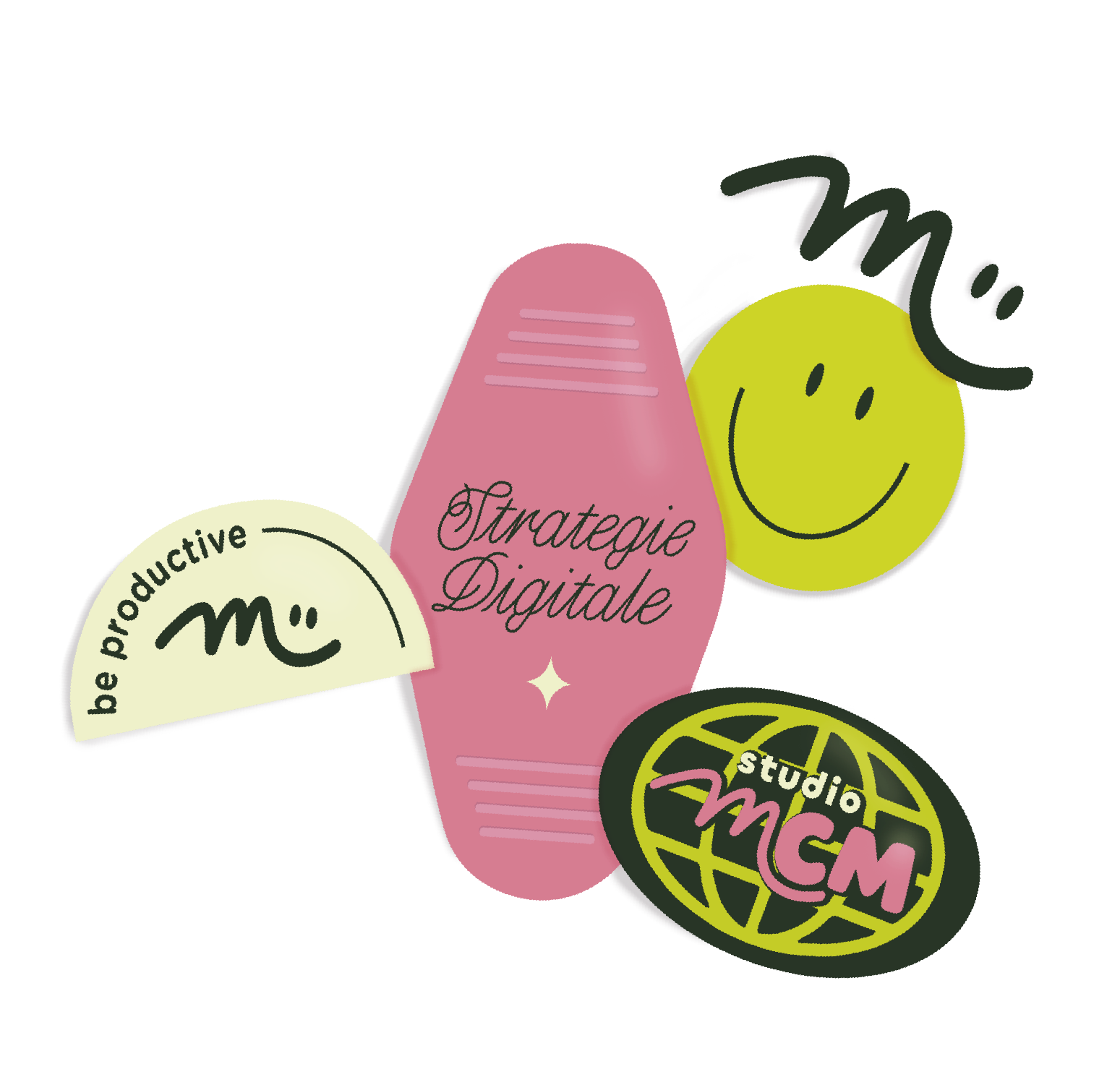Affiche avec un smiley jaune, une boîte rose avec l'inscription "Stratégie Digitale", un logo de studio MCM, et une étiquette "be productive" avec un symbole sourire.