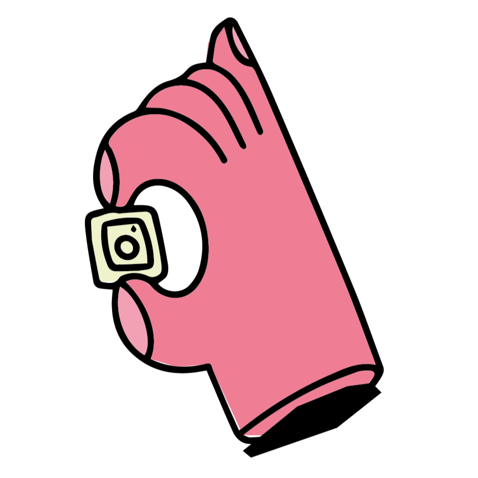 Une main en gant rose tenant un petit objet carré avec un cercle au centre, semblable à un bouton ou une commande d'appareil électronique.