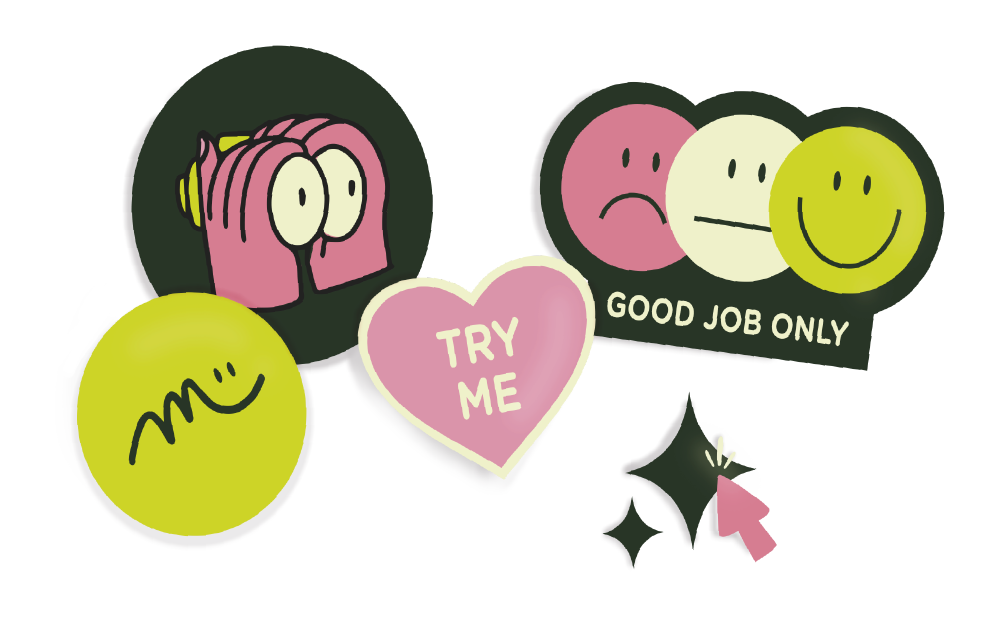 Illustration de stickers colorés avec des visages souriants et tristes, un cœur rose avec la phrase "TRY ME", une grande jauge avec les mots "GOOD JOB ONLY" et un smiley jaune.