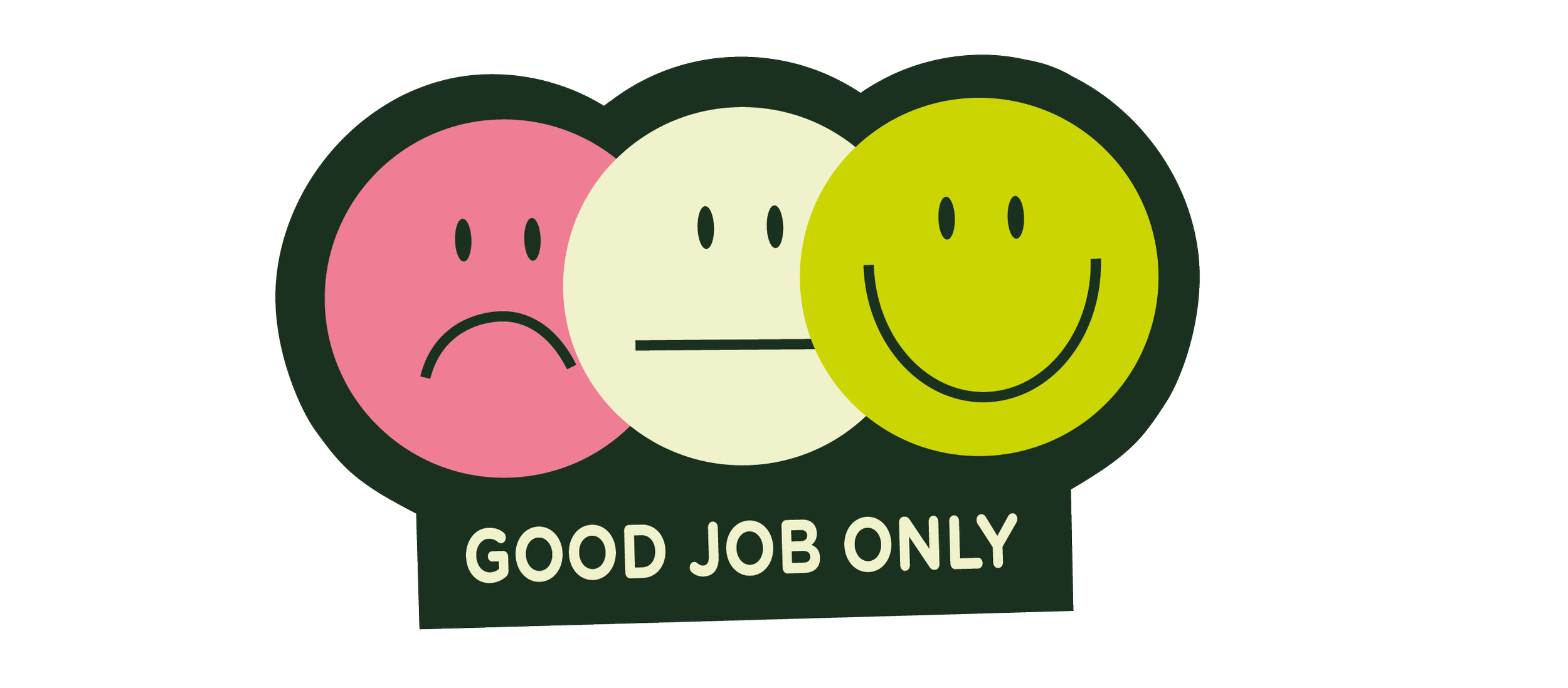Trois visages emotifs représentés par des cercles de couleurs différentes : triste, neutre et souriant, avec le texte 'Good Job Only' en dessous.