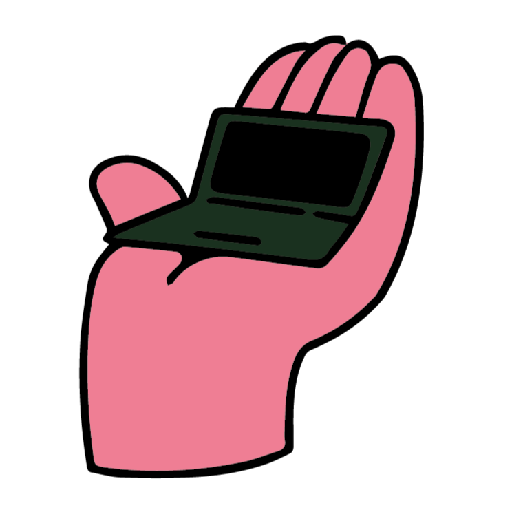 Main tenant un petit ordinateur portable noir dans une main rose stylisée.