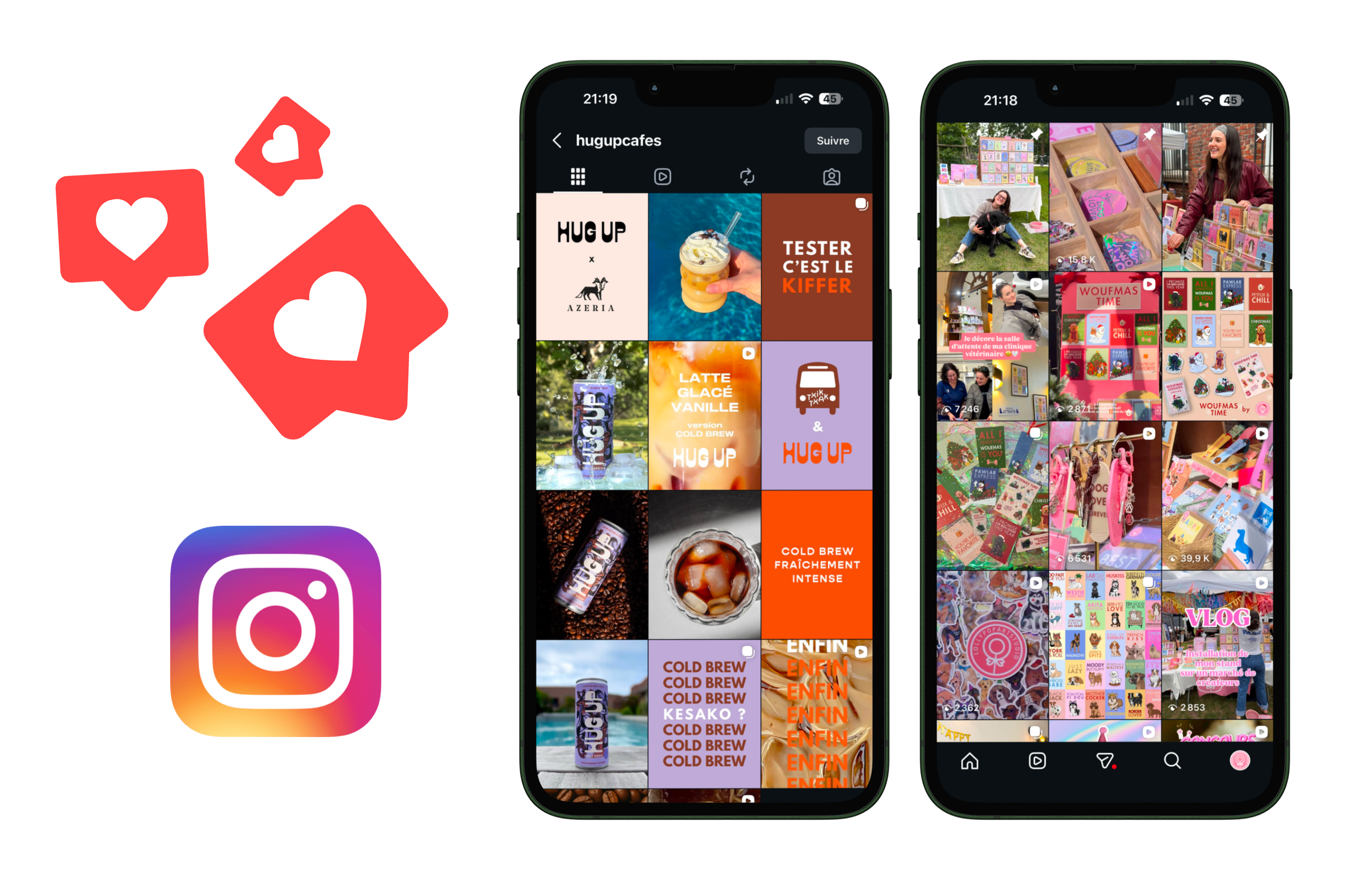 Visuel représentant la capture d'écran de deux téléphones affichant des comptes Instagram, entourés d'icônes de cœur et du logo Instagram, illustrant l'interaction et la partage sur la plateforme.
