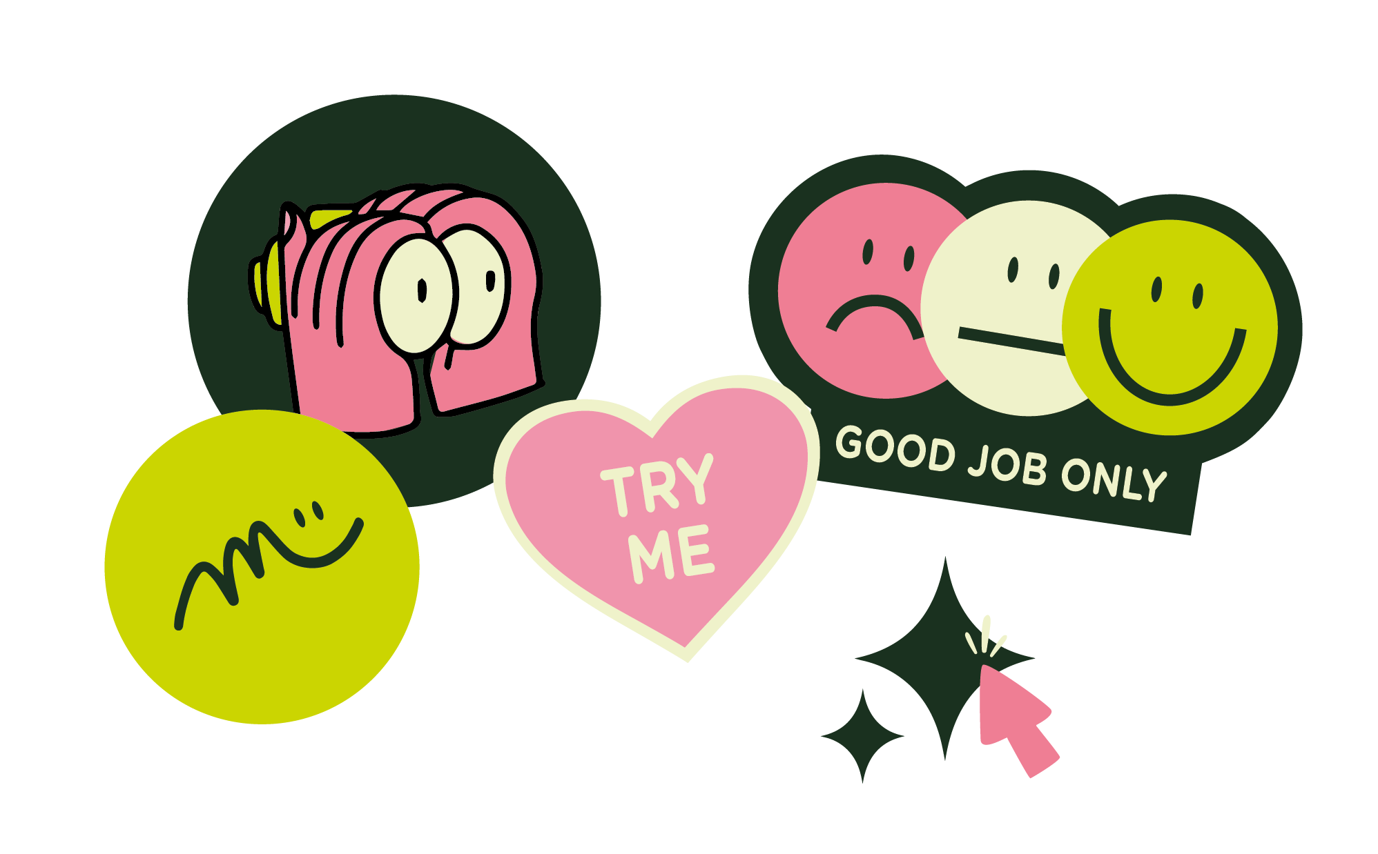 Illustration avec plusieurs émoticônes, dont une avec un visage surpris, une avec un visage triste, une avec un visage neutre, une avec un visage souriant, une autre avec un masque de visage, une avec un cœur rose avec le texte "TRY ME", et un symbole de clic