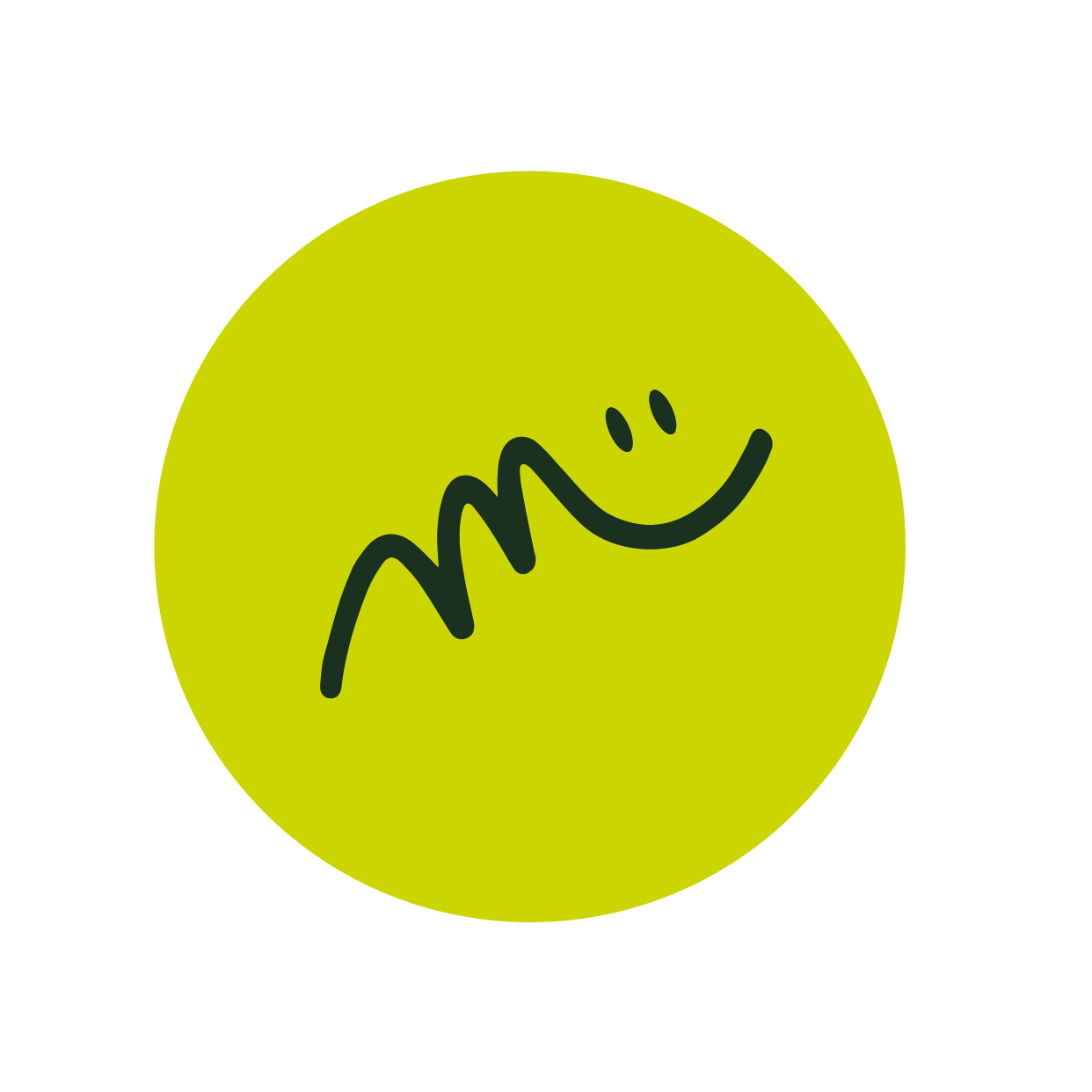 Un cercle vert olive avec un sourire dessiné à la main en noir, donnant une impression de bonheur ou de convivialité.