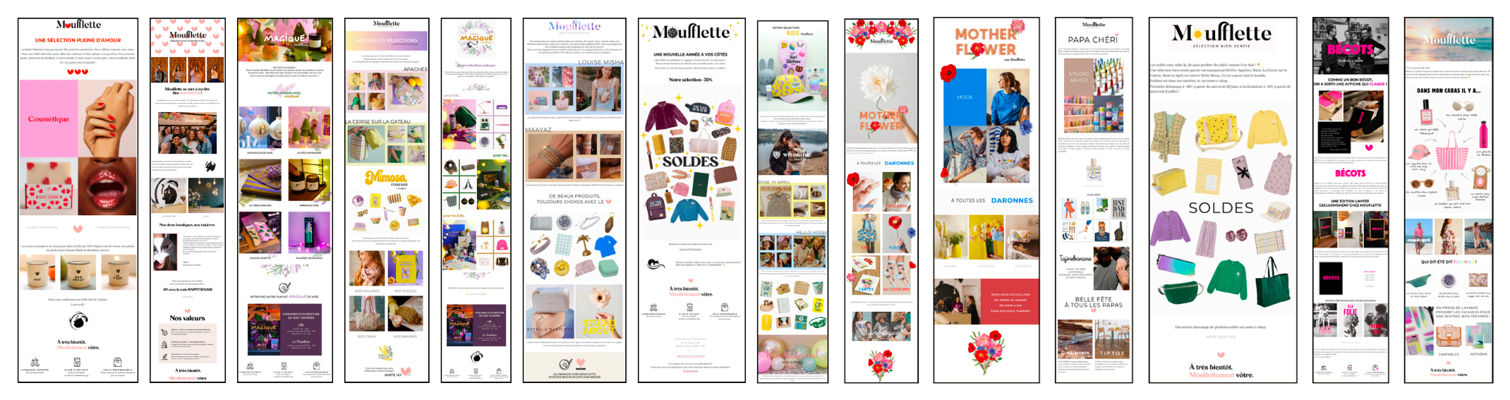 Page de catalogue de Moullette présentant divers produits en vente, incluant des cosmétiques, vêtements, accessoires, jouets et articles pour enfants, avec des images colorées et diverses sections promotionnelles.