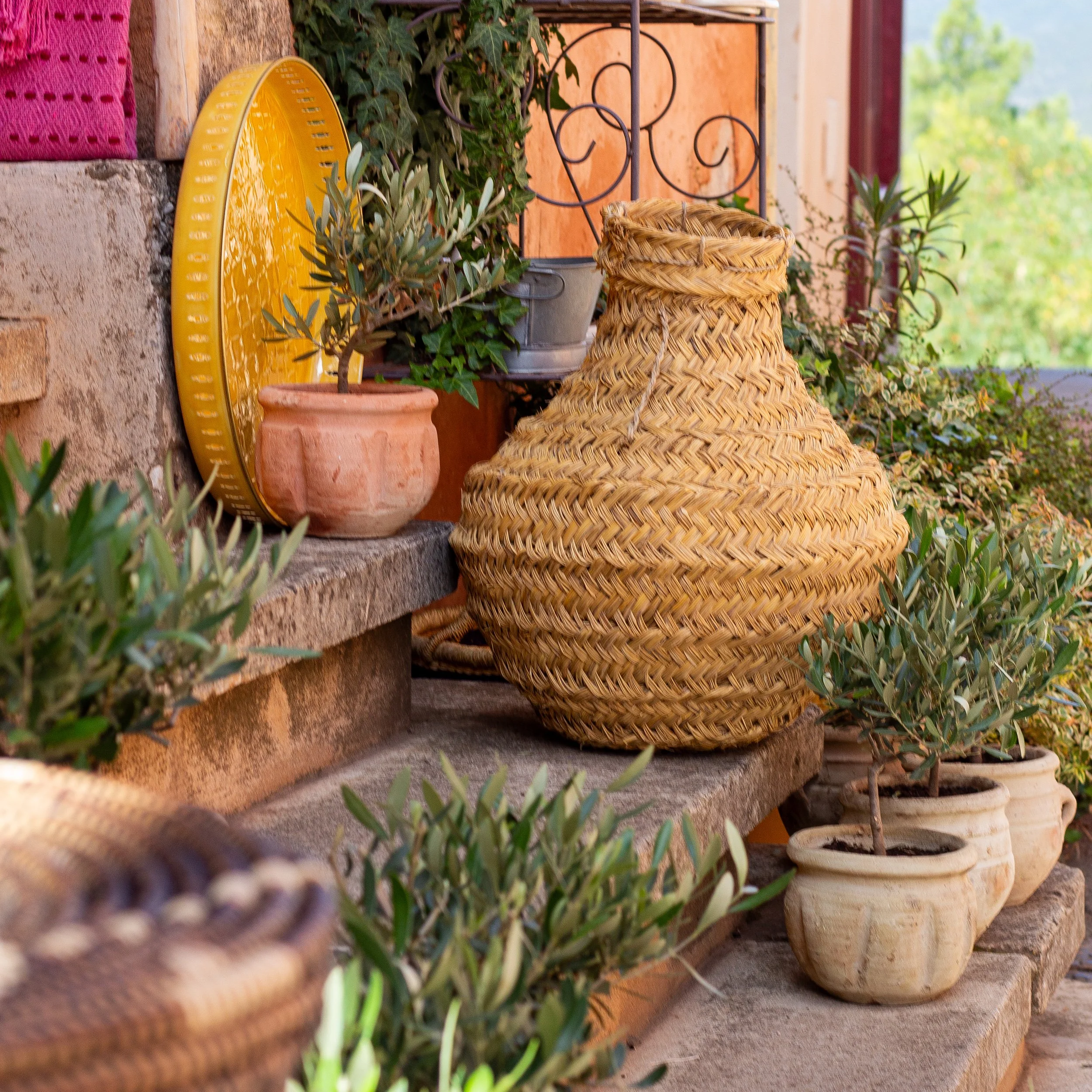 Pots de fleurs, un grand vase tressé en osier, et une assiette jaune décorative sur un rebord en pierre, entourés de plantes vertes.