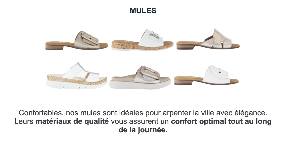 Collection de six paires de sandales confortables de différentes couleurs et styles, affichées horizontalement contre un fond blanc, avec le texte "MULES" en haut et une description en français en dessous.