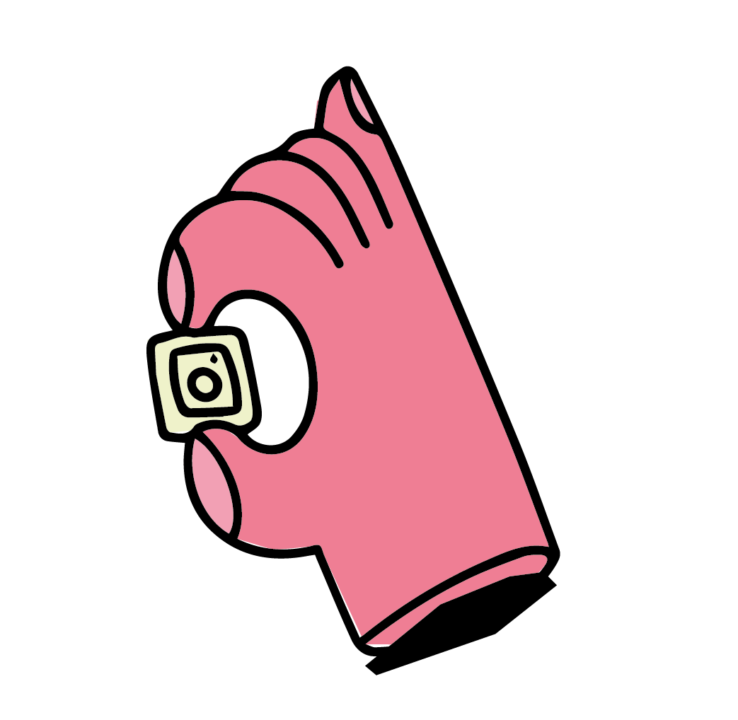 Main main de couleur rose tenant une montre en forme de logo Instagram.