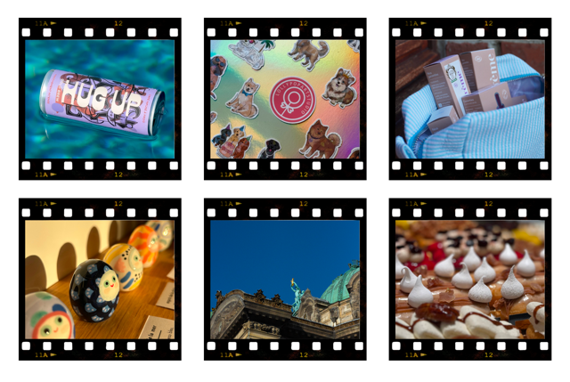 Collage de six images : une canette de soda, autocollants de chiens, des paquets de produits, des poupées russes, un bâtiment avec une statue, et des desserts.