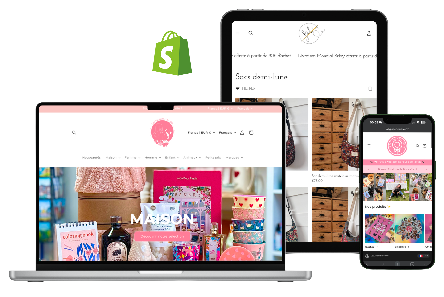 Capture d'écran de plusieurs sites de commerce électronique affichés sur différentes interfaces de dispositifs mobiles et ordinateur, avec logo Shopify visible.
