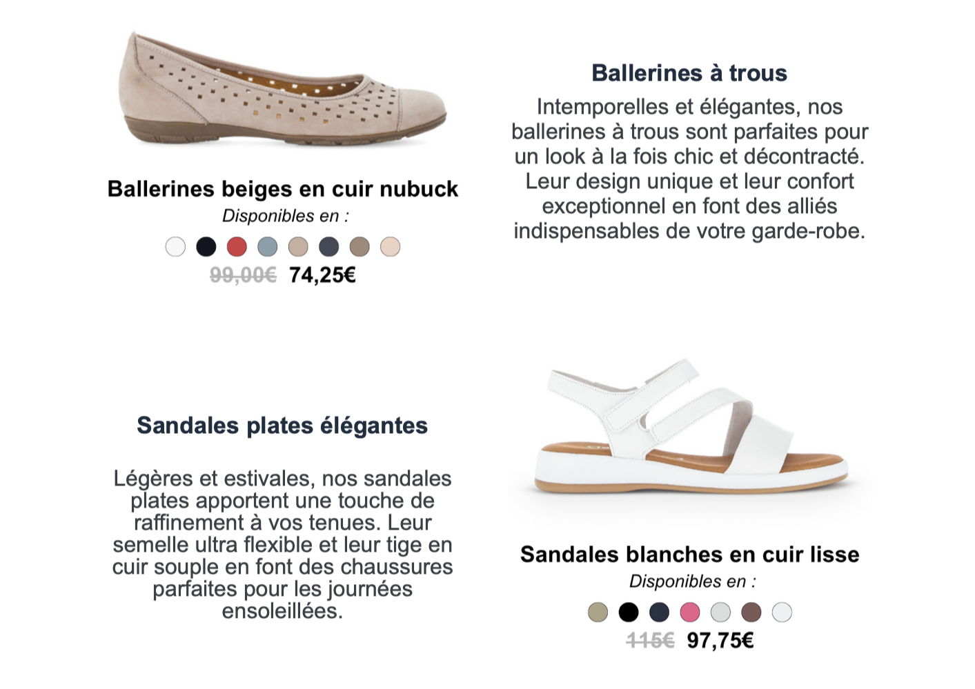 Publicité pour des chaussures : ballerines beiges en cuir nubuck, sandales plates élégantes blanches en cuir lisse, avec descriptions et prix.