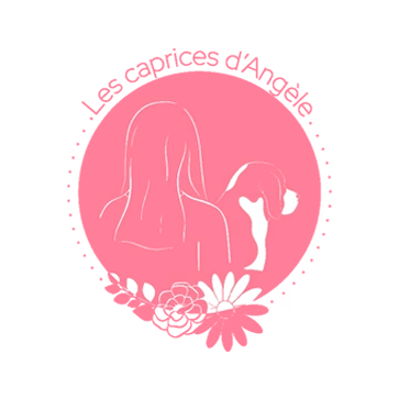 Logo rond avec illustration d'une jeune femme avec de longues cheveux, vue de dos, tenant un petit chien, entouré de fleurs et de la mention "Les caprices d'Angéla" en arc en haut.