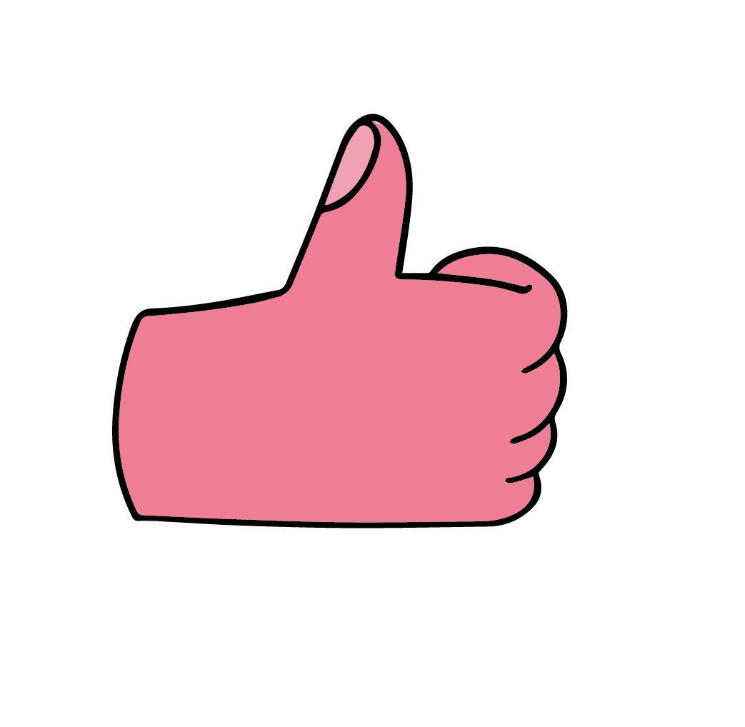 Main avec pouce levé en geste de verification ou d'approbation, de couleur rose avec une ongle foncée, illustration simple.